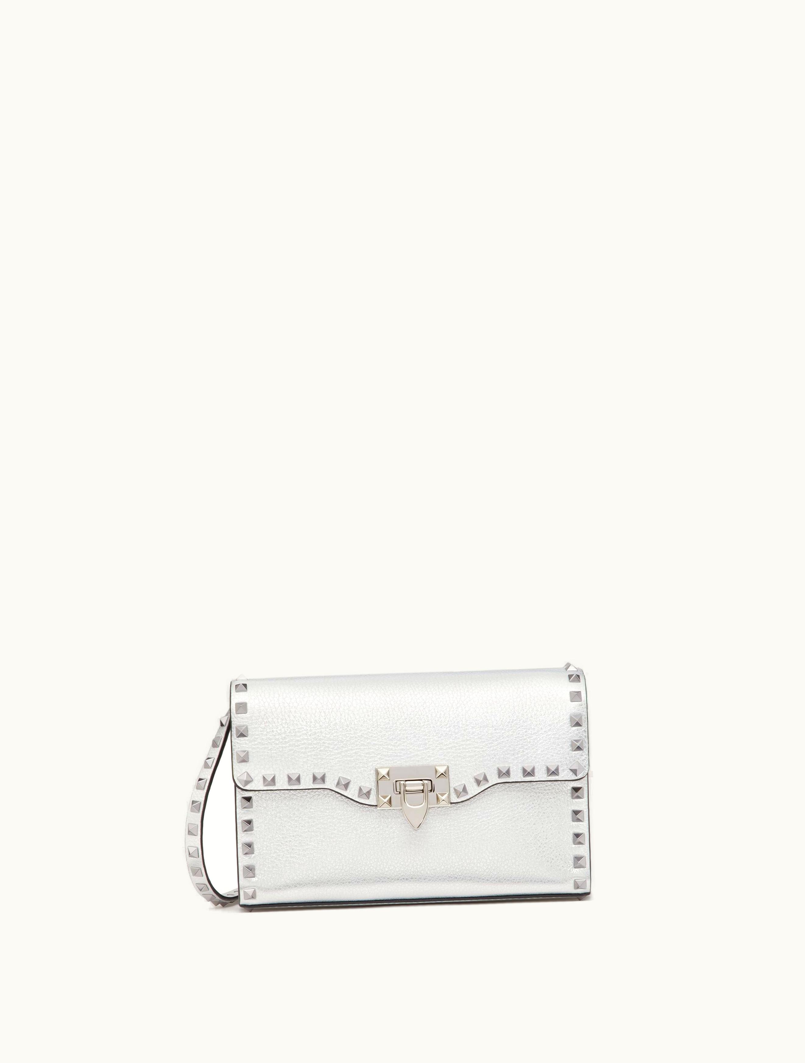 Valentino Valentino Small Rockstud Grainy Metallic Calfskin Crossbody Bag For Woman In Silver