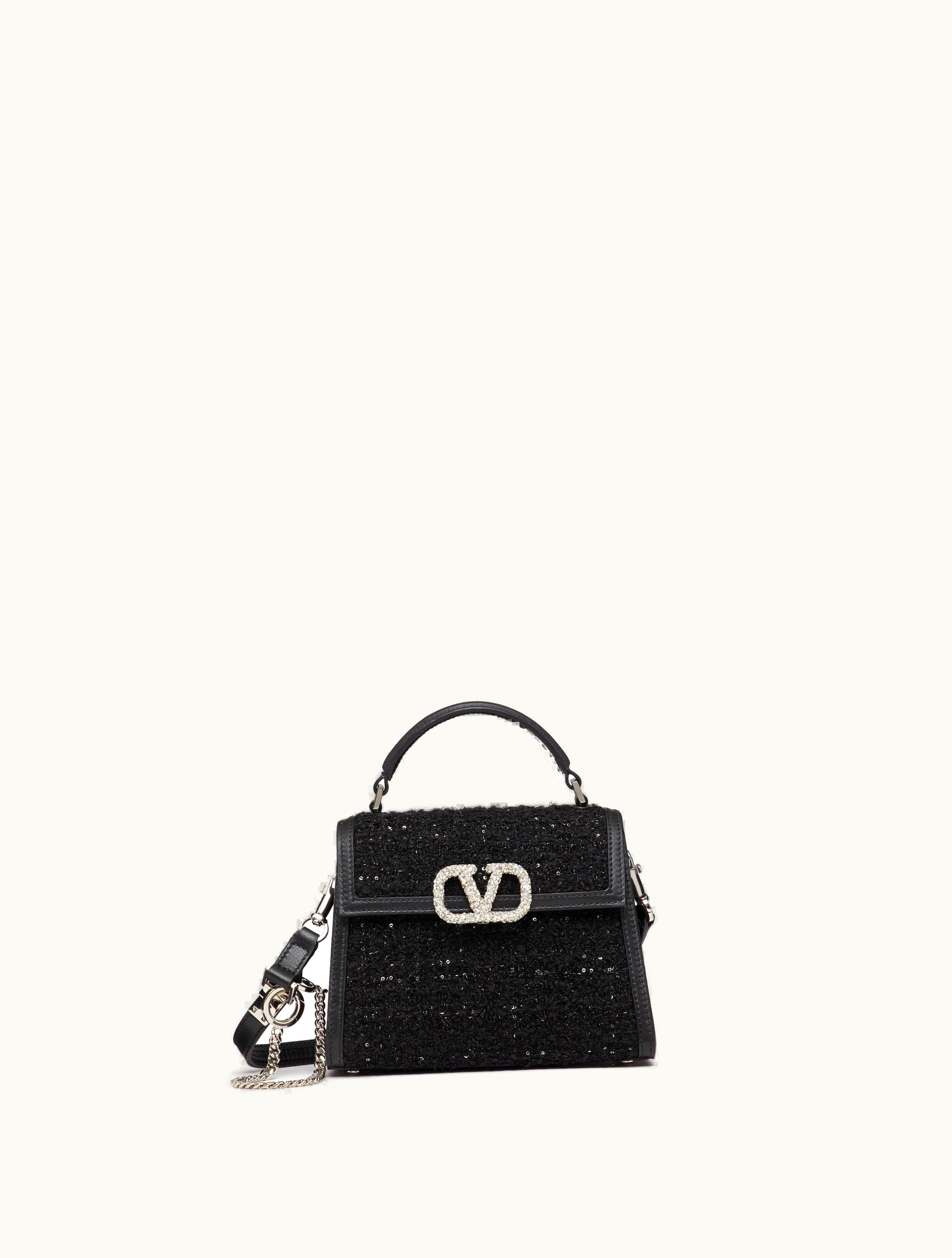 Valentino Valentino Mini Vsling Tweed Handbag For Woman In Black / Crystal