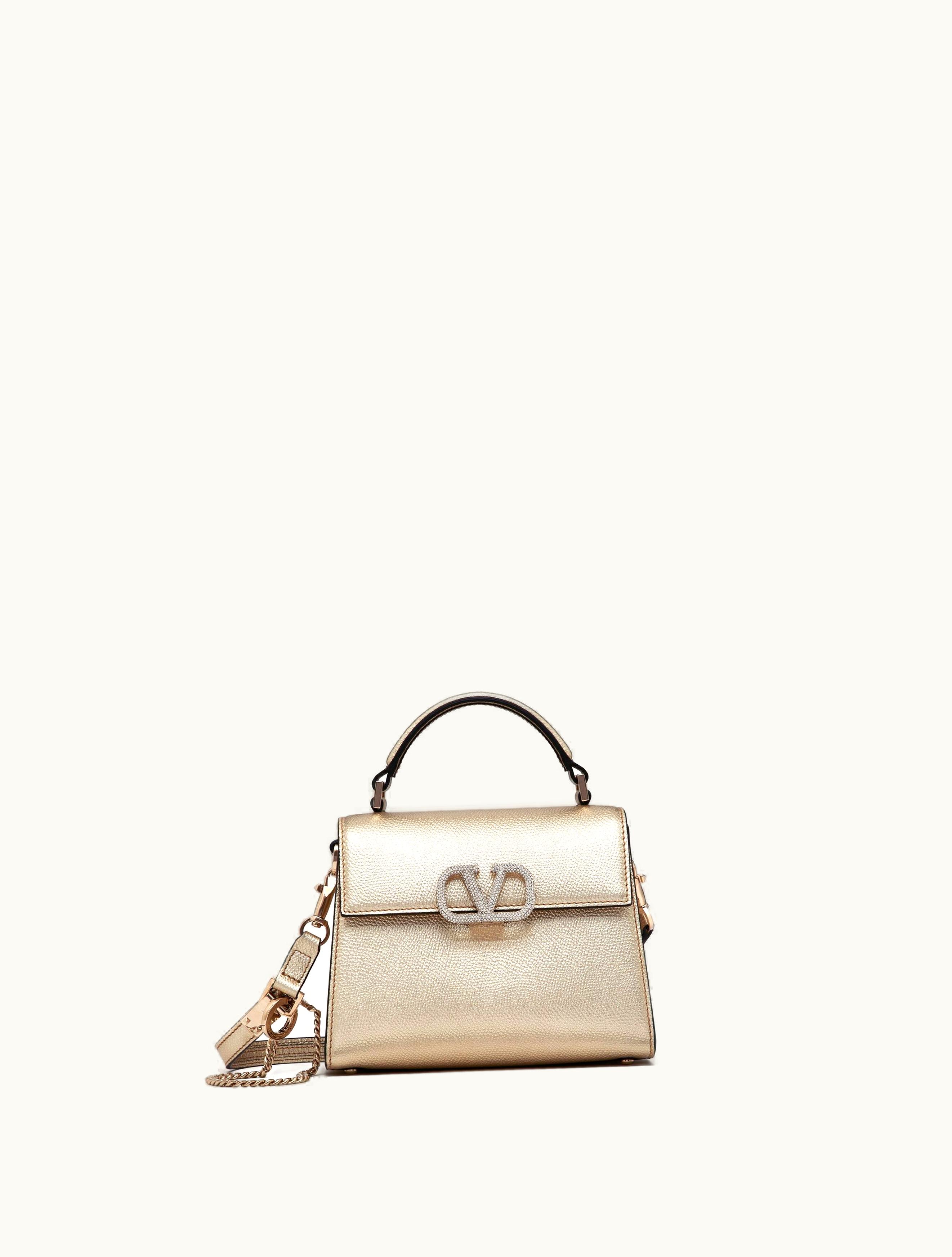 Valentino Valentino Mini Vsling Handbag In Metallic Grainy Calfskin For Woman In Platinum / Crystal