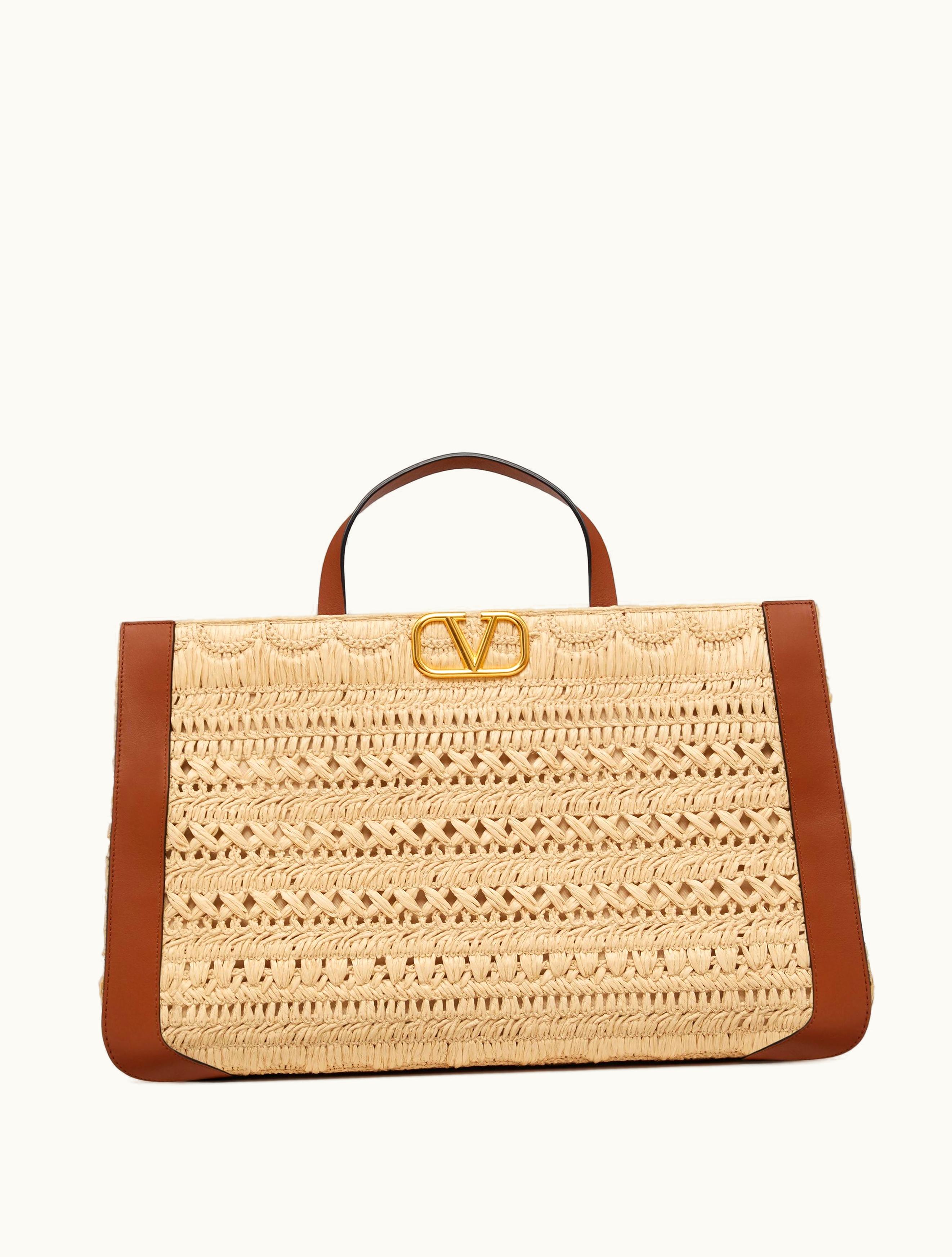 Valentino Valentino Vlogo Signature Embroidered Raffia Handbag For Woman In Natural / Saddle Brown