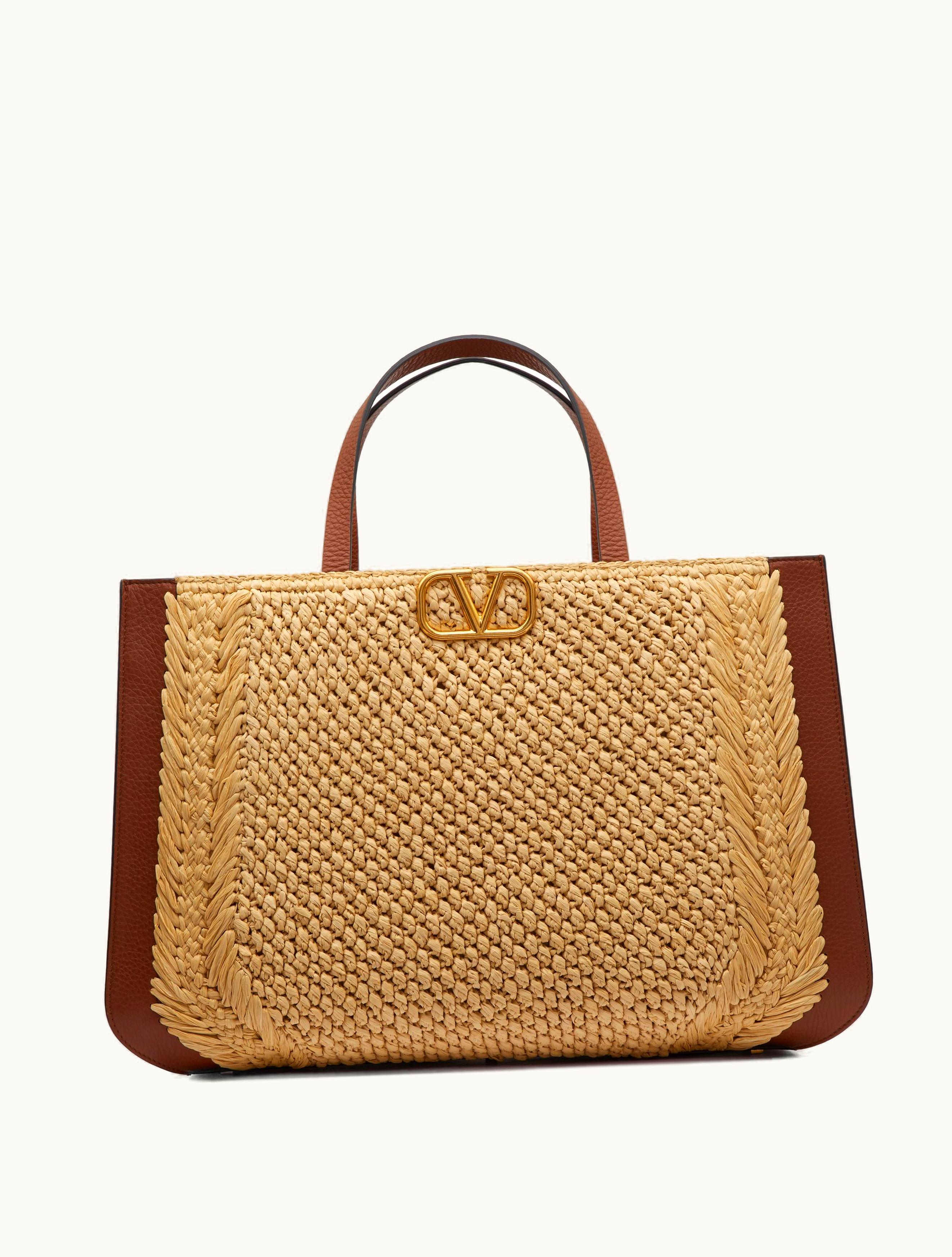 Valentino Valentino Vlogo Signature Raffia Handbag For Woman In Natural / Saddle Brown