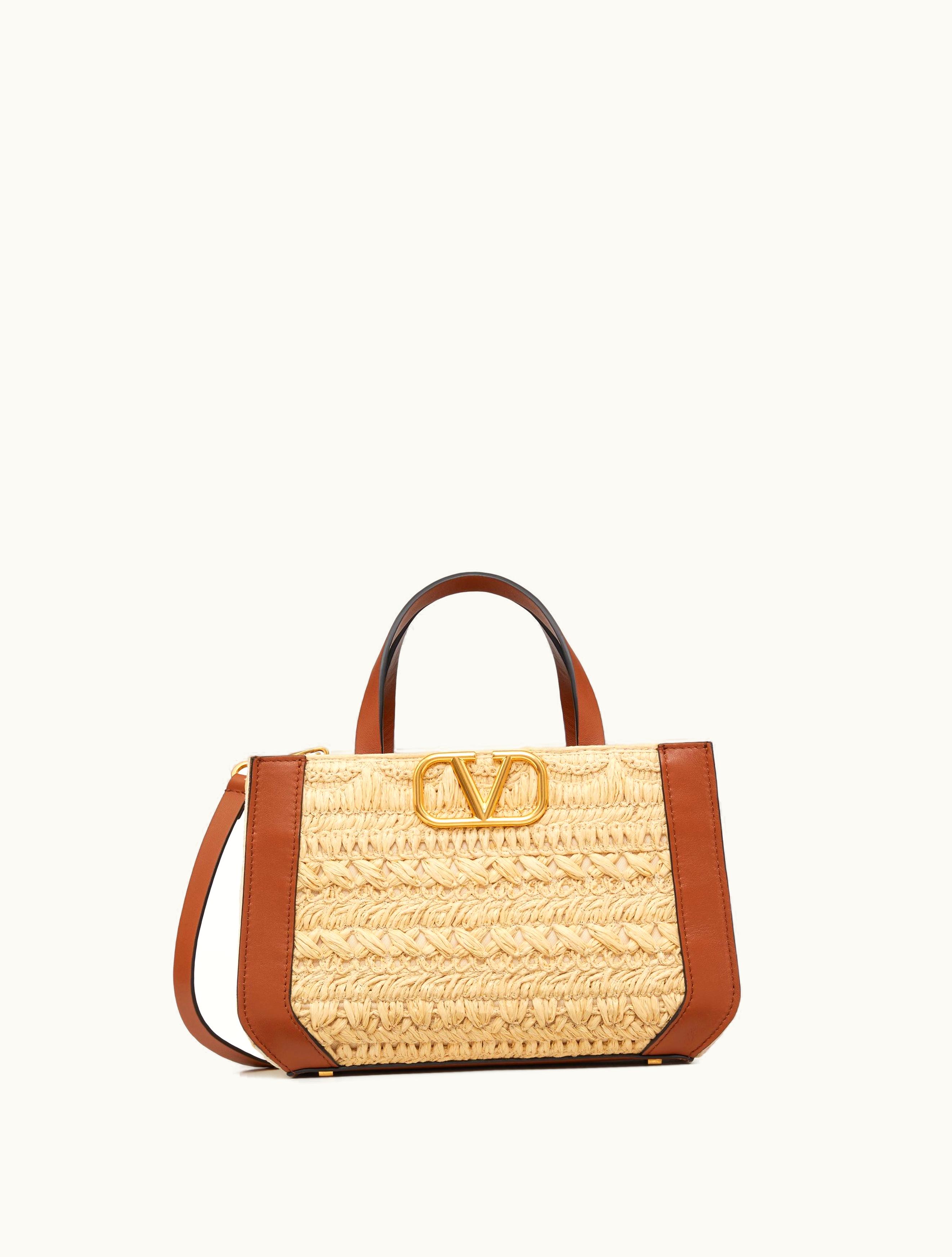 Valentino Valentino Vlogo Signature Handbag With Raffia Embroidery For Woman In Natural / Saddle Brown