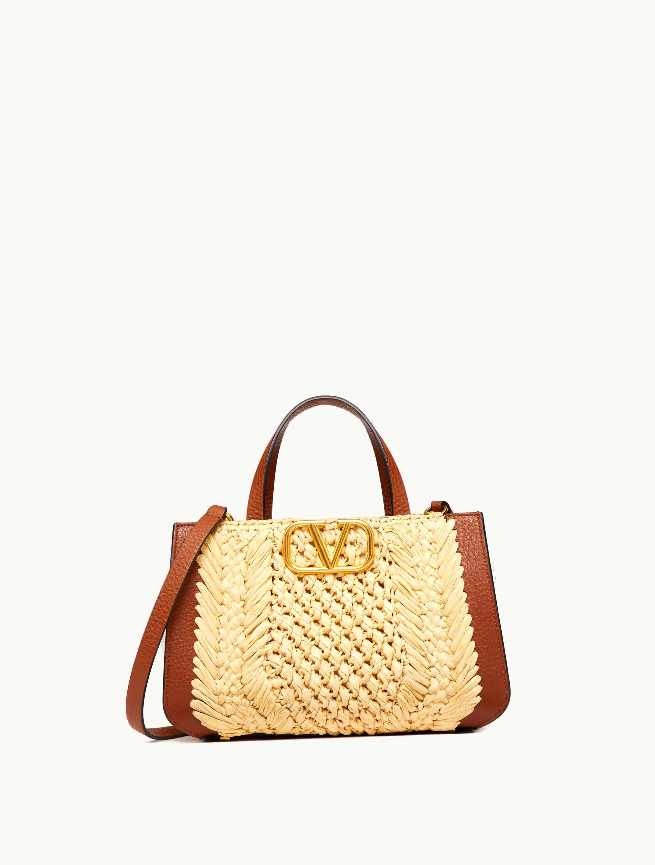 Valentino Valentino Vlogo Signature Raffia Small Handbag For Woman In Natural / Saddle Brown