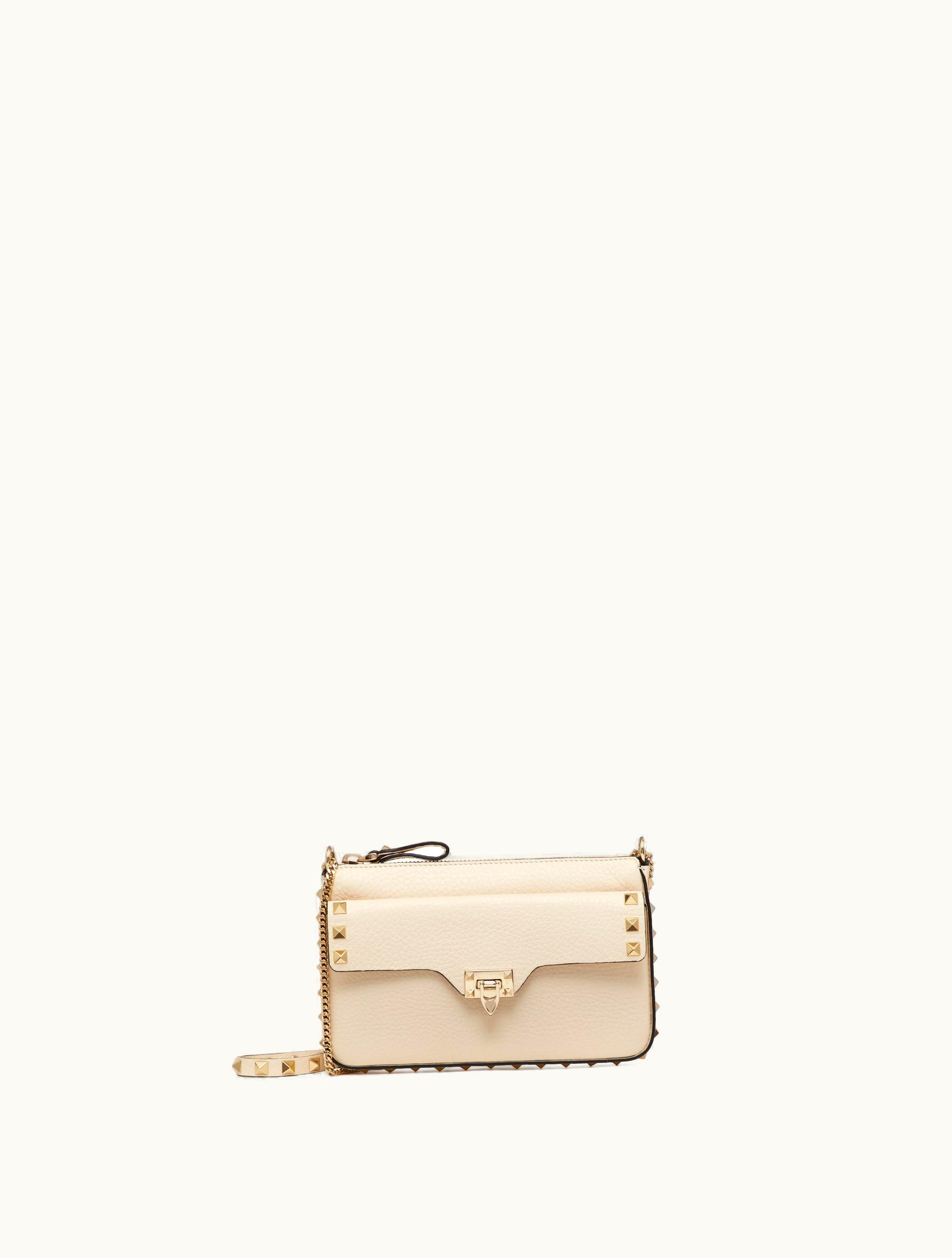 Valentino Valentino Grainy Calfskin Pouch With Rockstud Chain For Woman In Light Ivory
