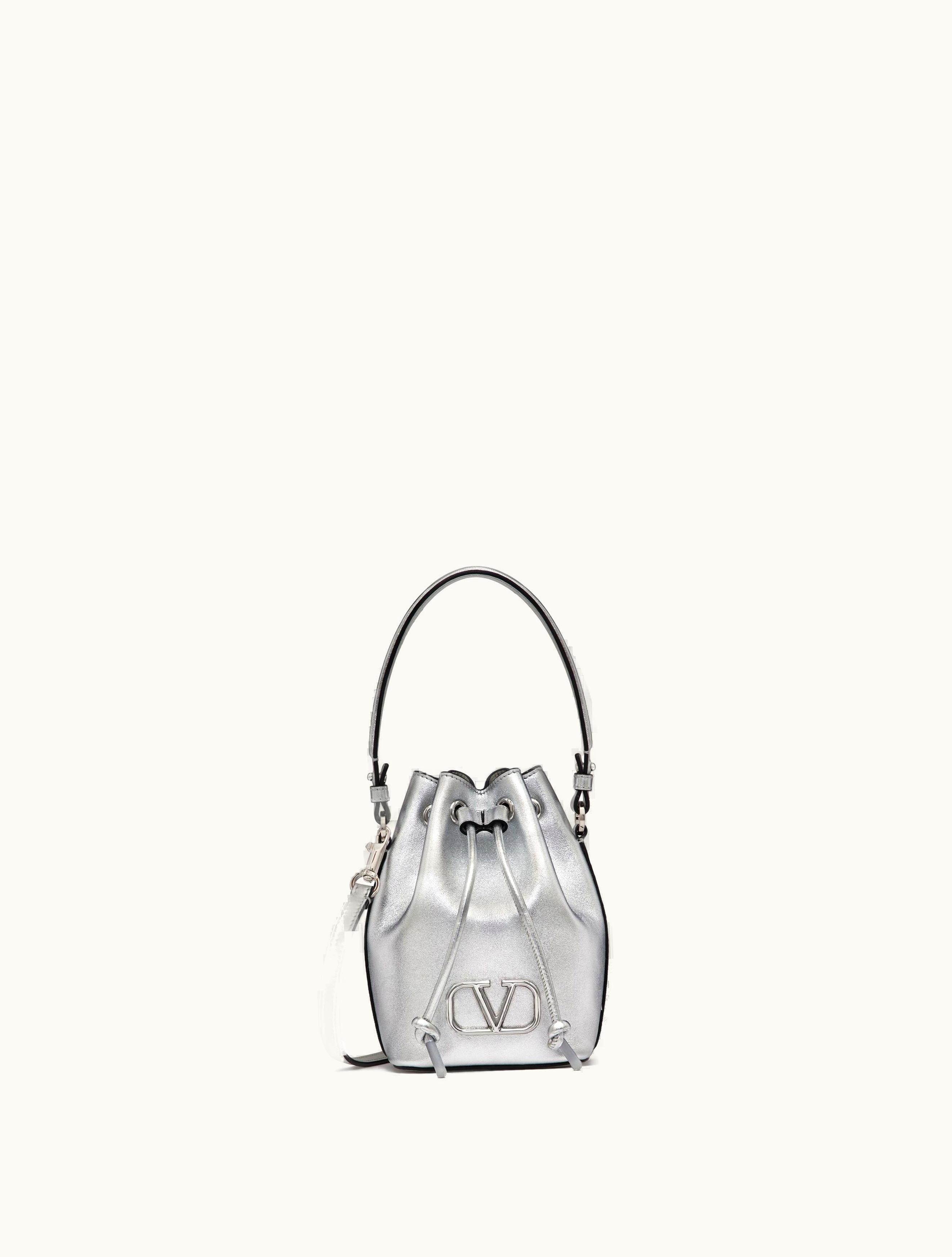 Valentino Valentino Mini Vlogo Signature Bucket Bag In Metallic Nappa Leather For Woman In Silver