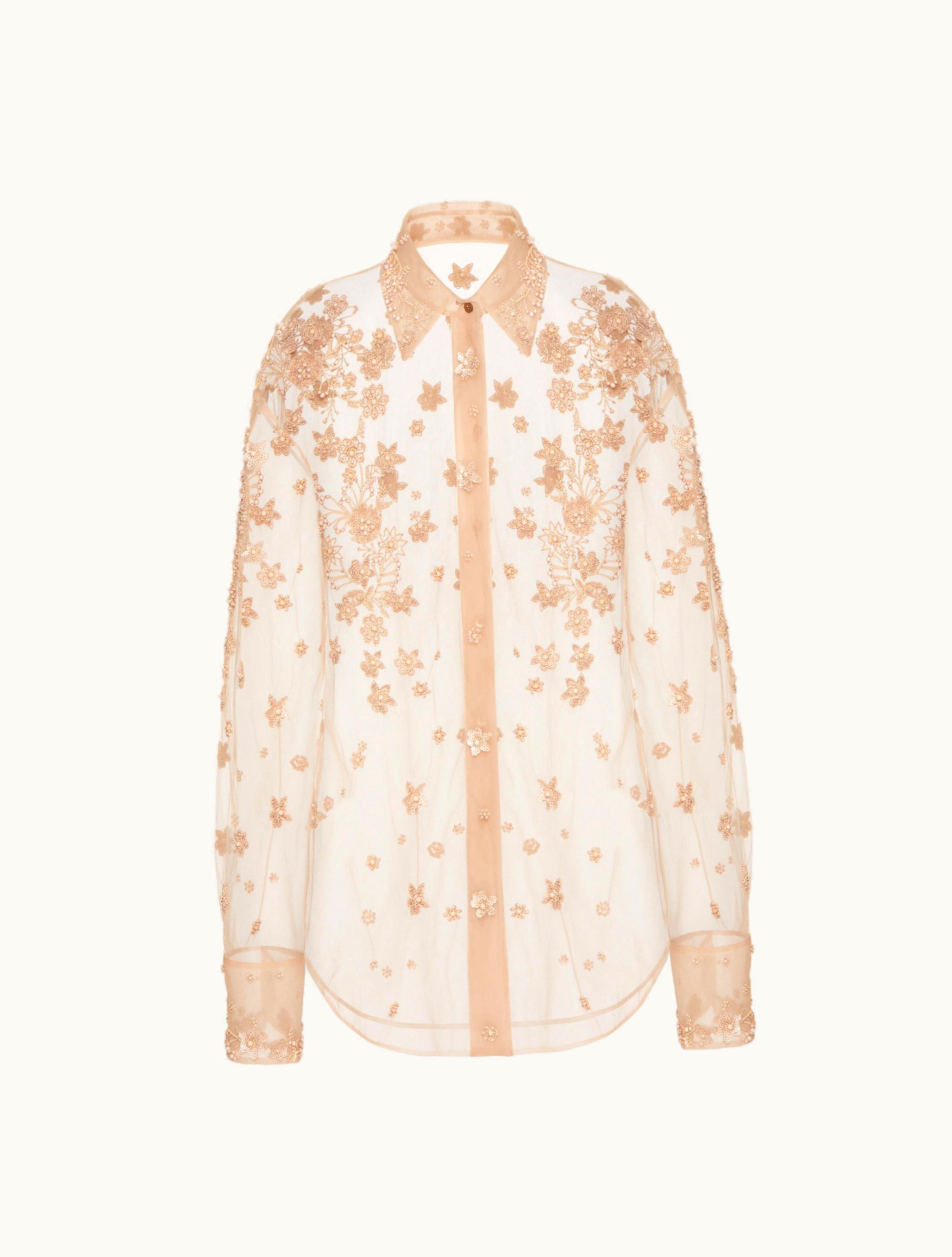 Valentino Valentino Embroidered Tulle Illusione Shirt For Woman In Hazelnut
