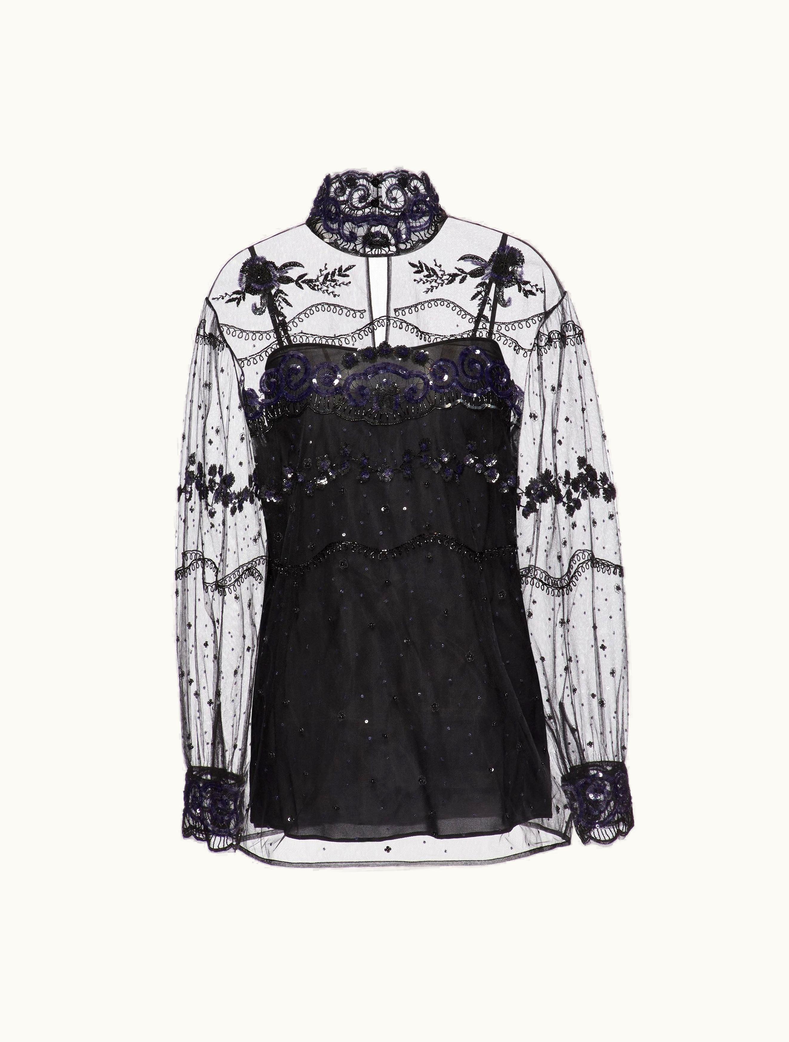 Valentino Valentino Tulle Illusione Embroidered Top For Woman In Black