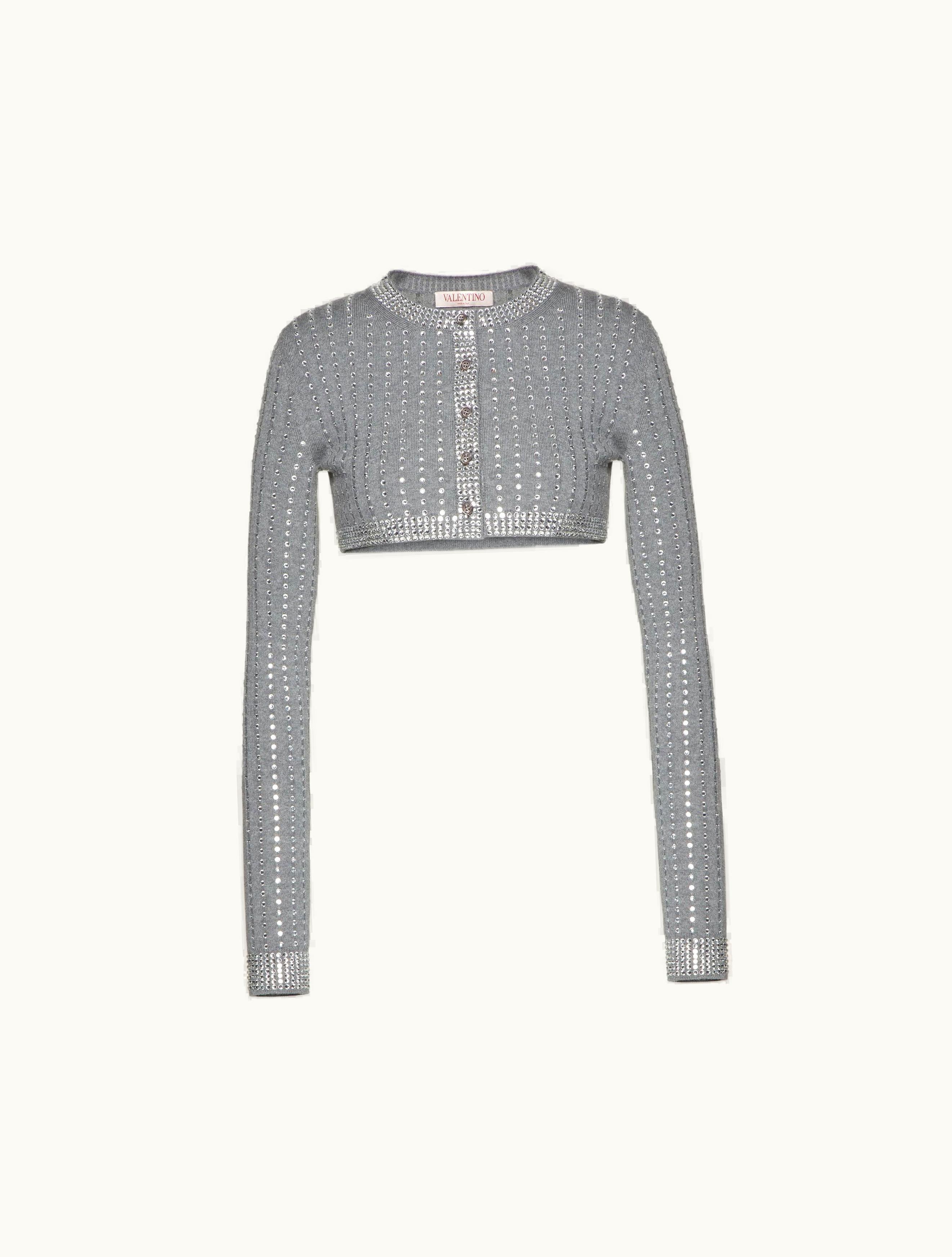 Valentino Valentino Wool And Rhinestone Cardigan For Woman In Grey