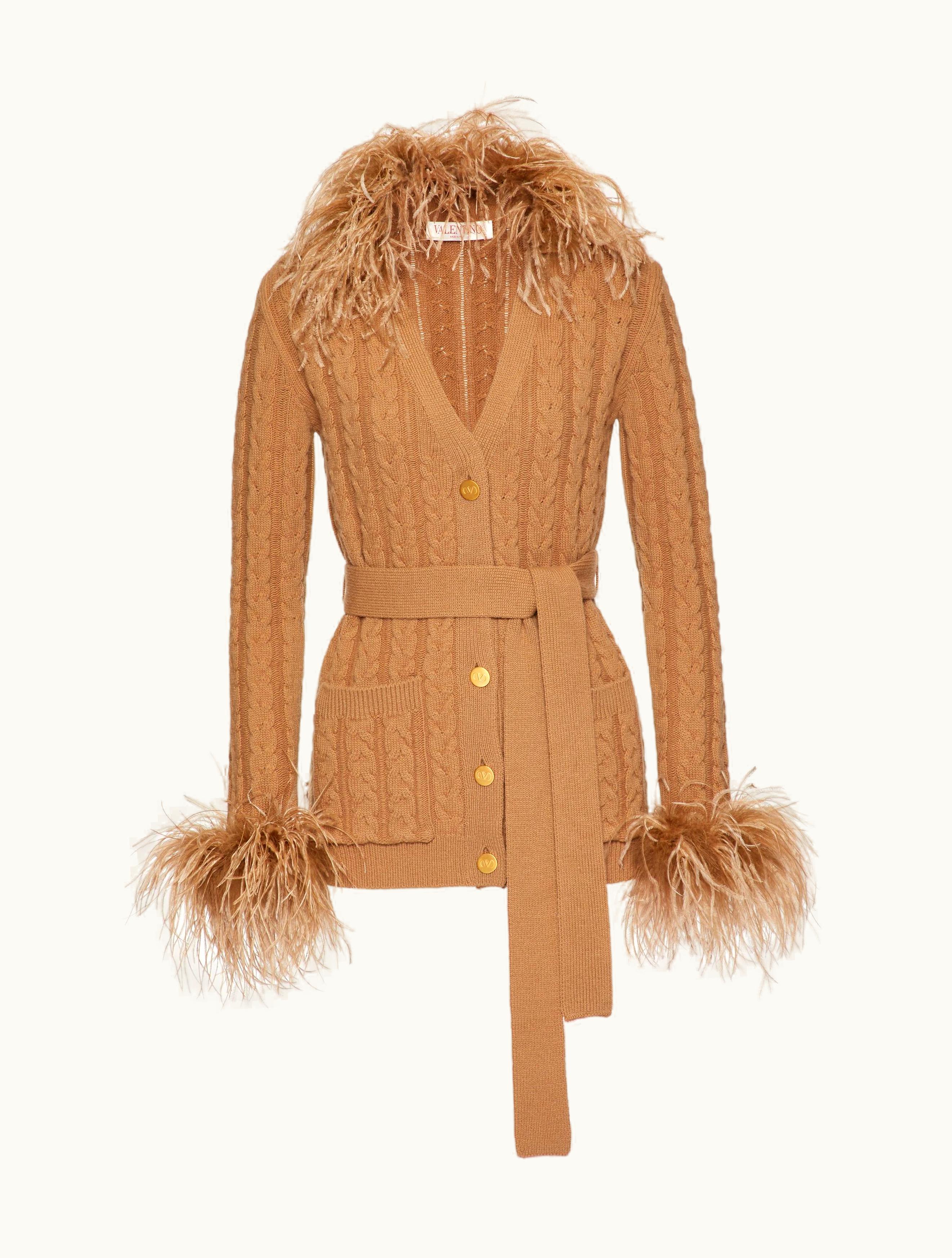 Valentino Valentino Embroidered Wool Cardigan With Feathers For Woman In Camel