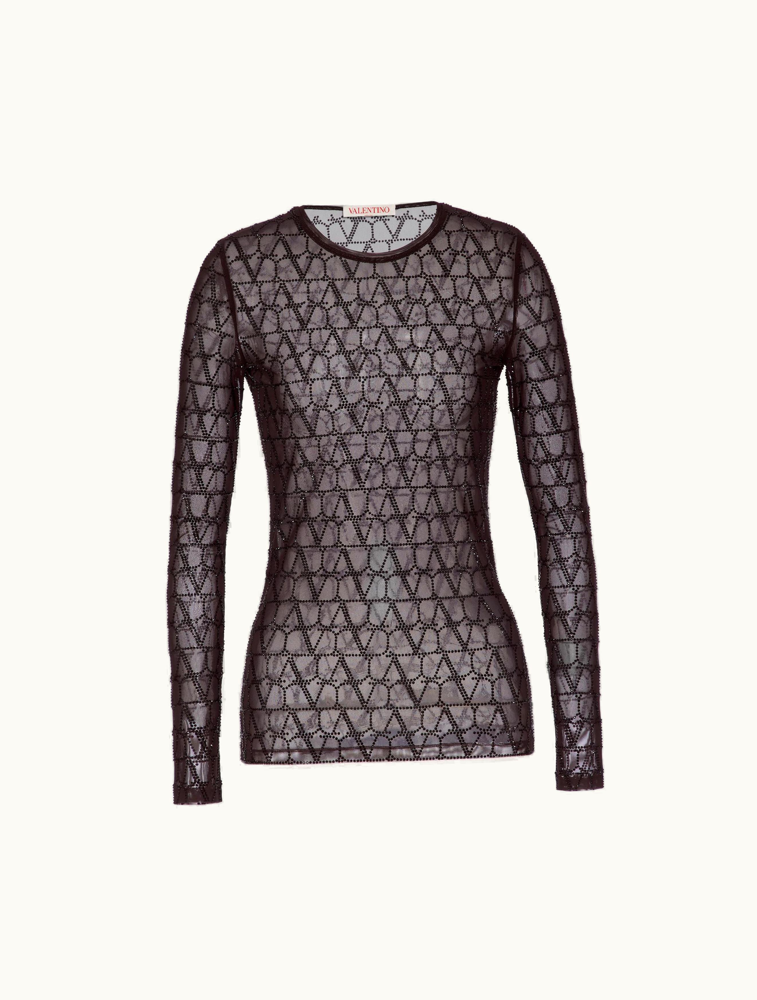Valentino Valentino Toile Iconographe Jersey Tulle Embroidered Rhinestone Top For Woman In Ebony / Black