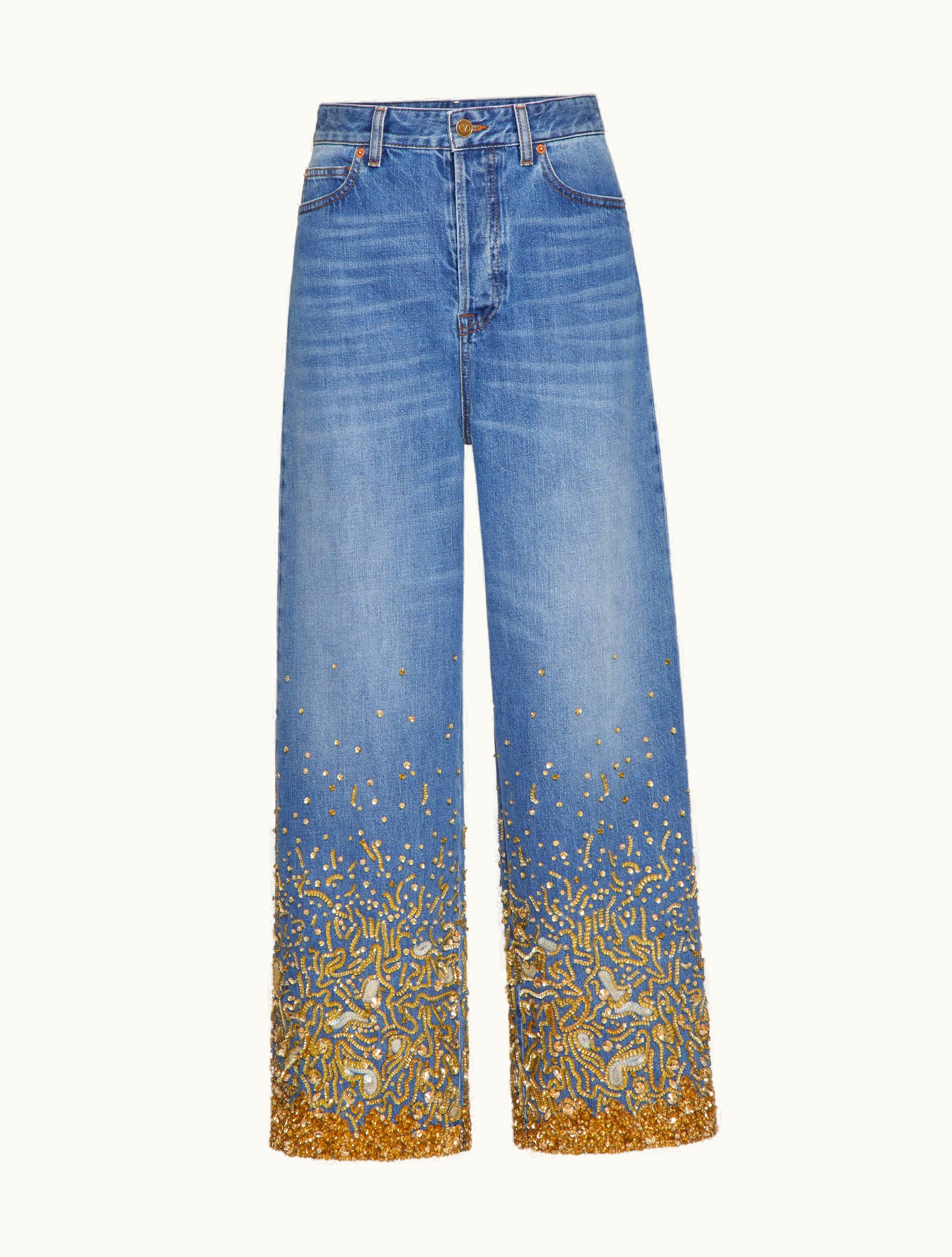 Valentino Valentino Embroidered Denim Trousers For Woman In Denim / Gold
