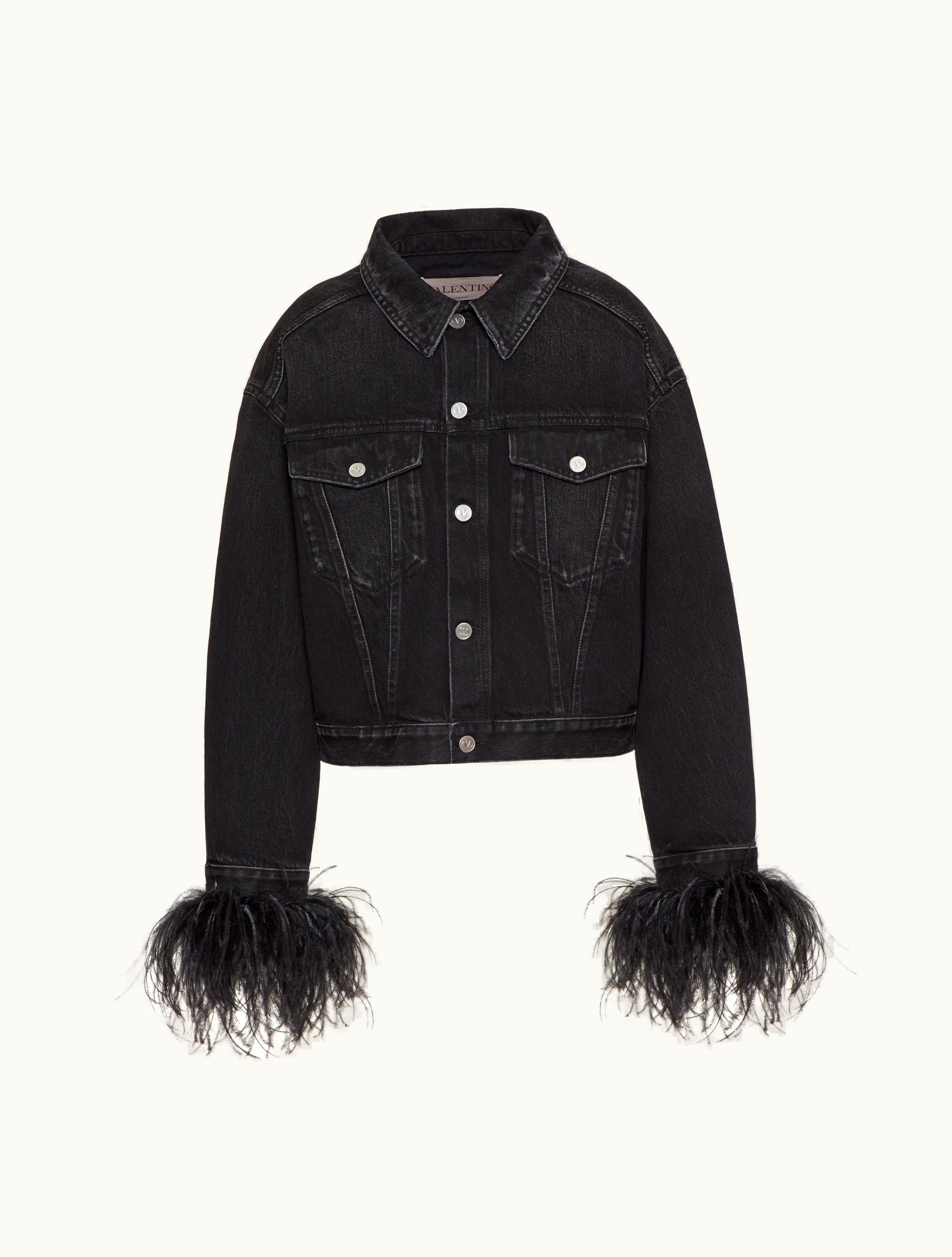 Valentino Valentino Embroidered Denim Jacket With Feathers For Woman In Black
