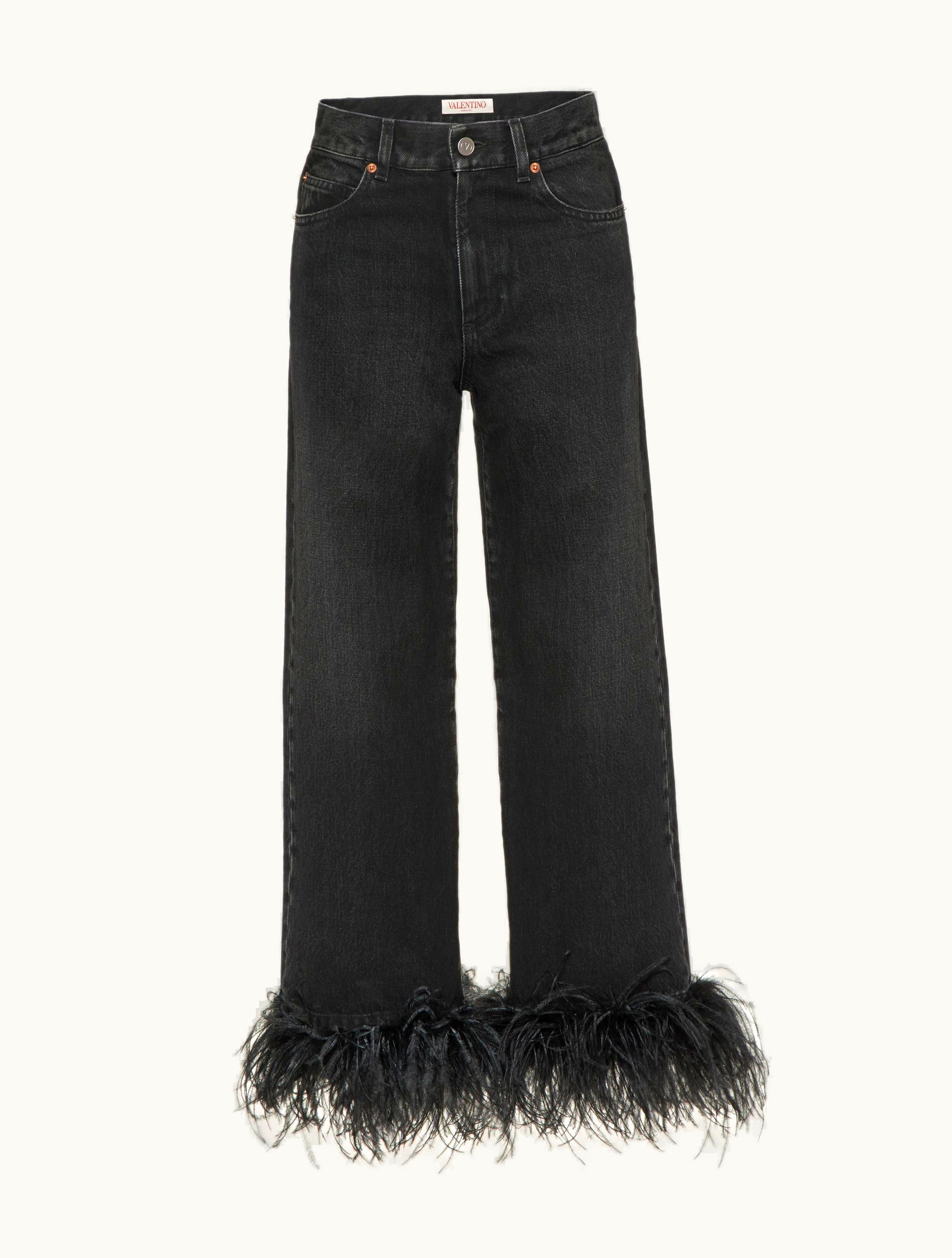 Valentino Valentino Denim Jeans Embroidered With Feathers For Woman In Black