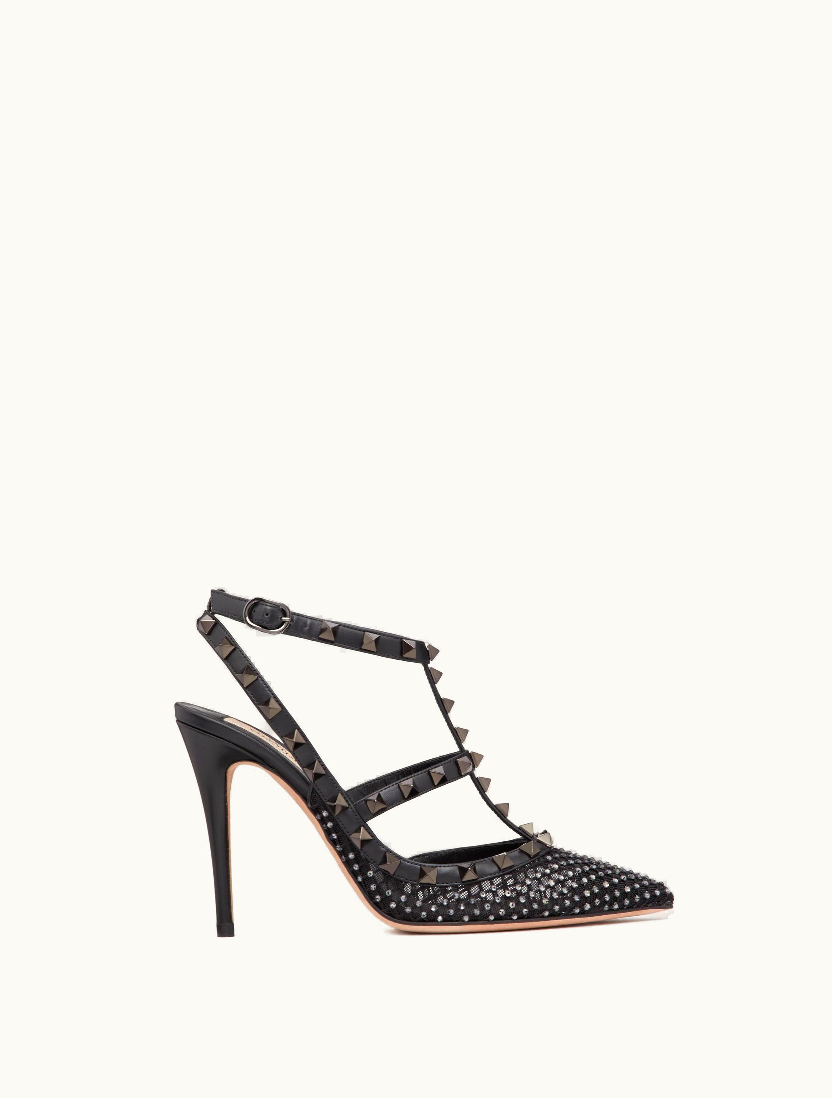 Valentino Valentino Rockstud Mesh Pump With Crystals And Straps 100mm For Woman In Black