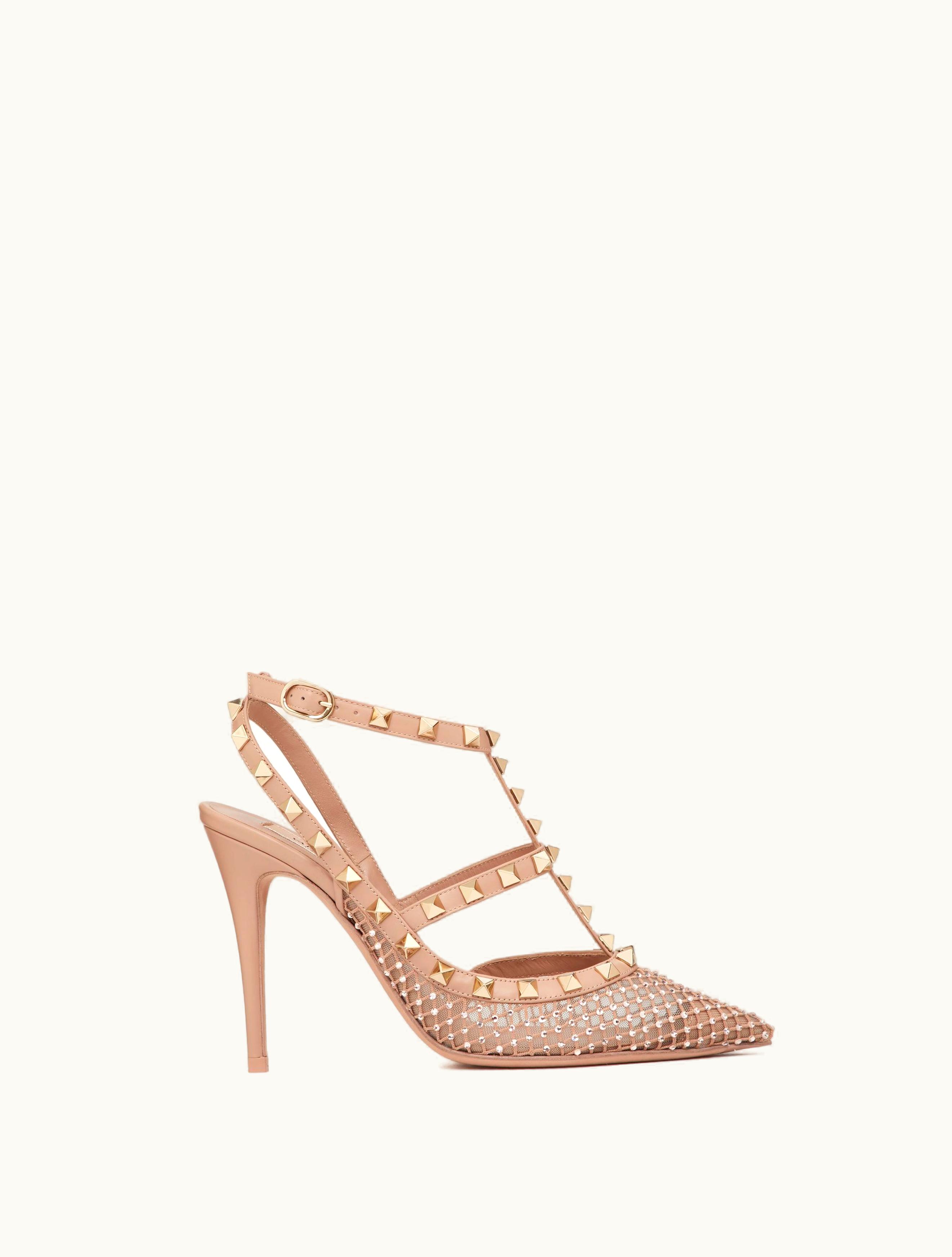 Valentino Valentino Rockstud Mesh Pump With Crystals And Straps 100mm For Woman In Rose Cannelle