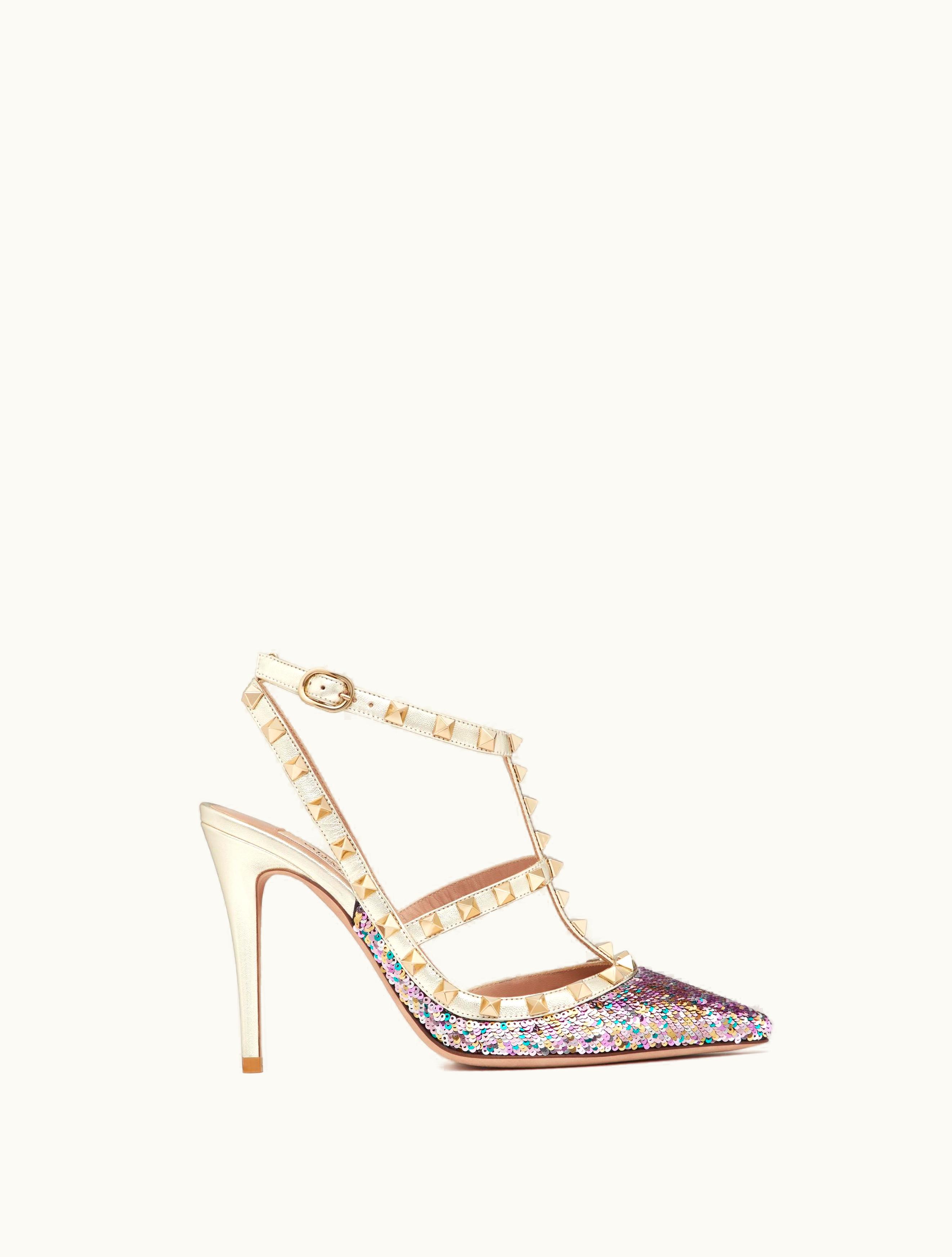 Valentino Valentino Rockstud Pump With Sequin Embroidery And Straps 100mm For Woman In Multicolour / Platinum