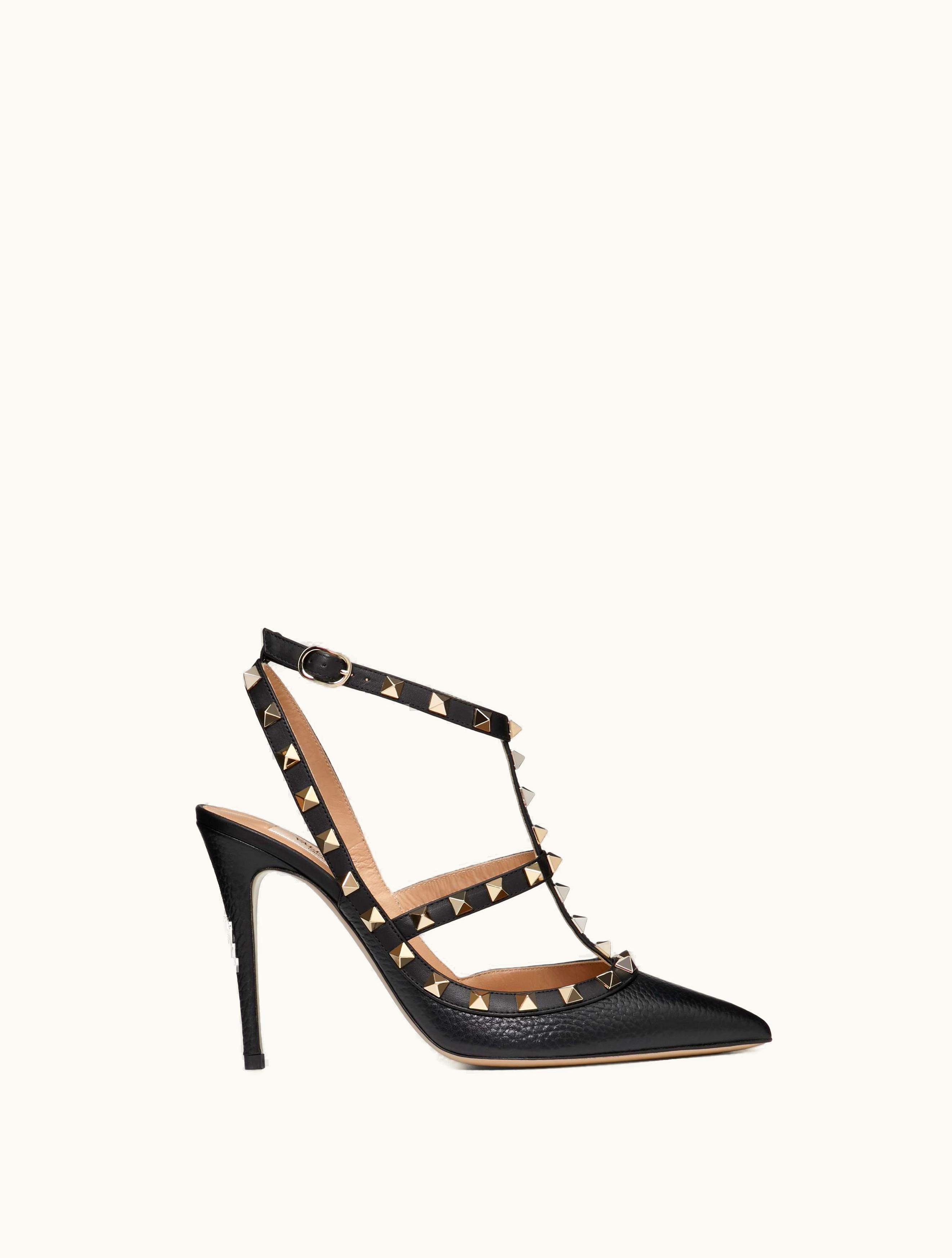 Valentino Valentino Rockstud Grainy Leather Ankle Strap Pump 100 MM For Woman In Black