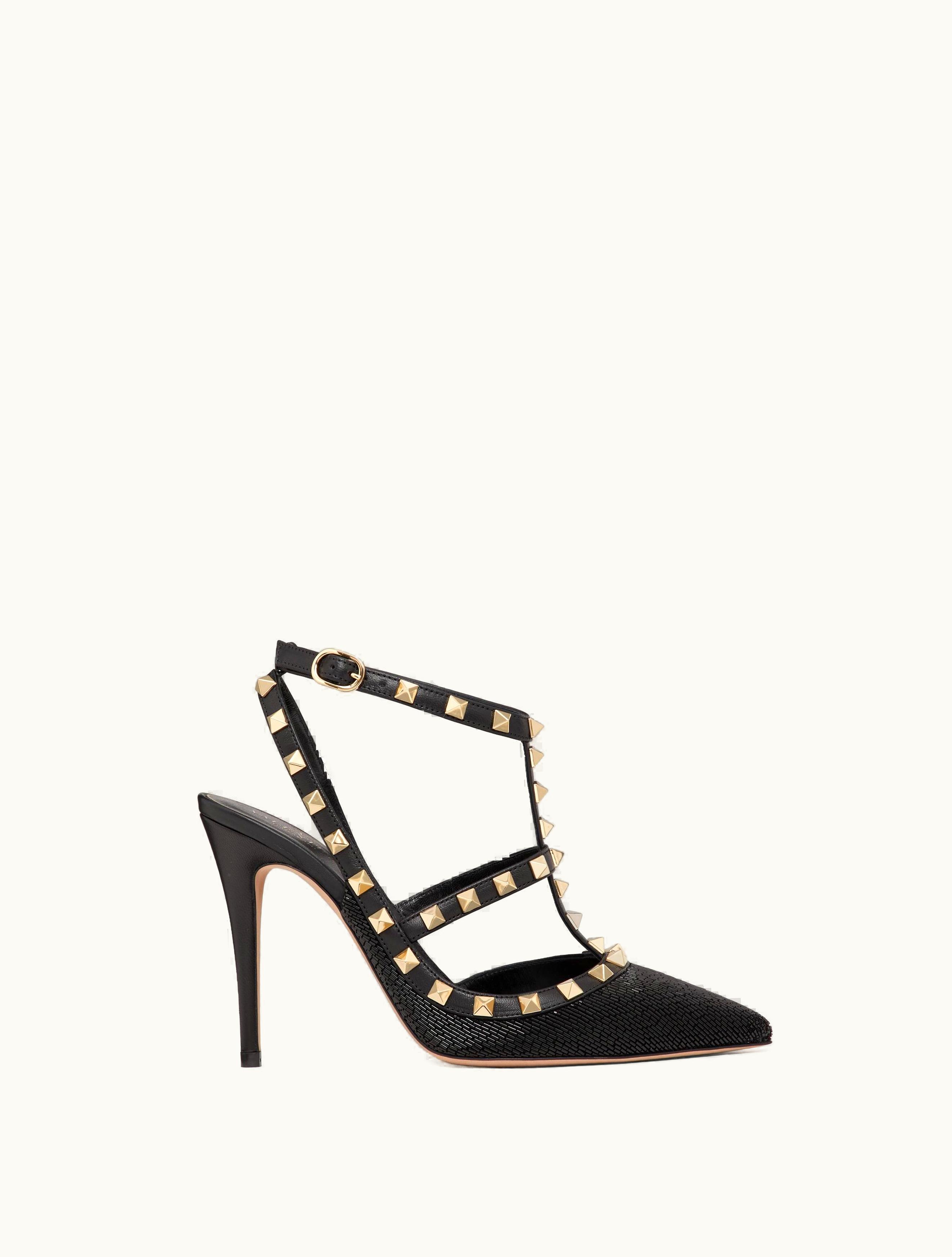 Valentino Valentino Satin Rockstud Pump With All-over Tubes Embroidery And Straps 100 MM For Woman In Black