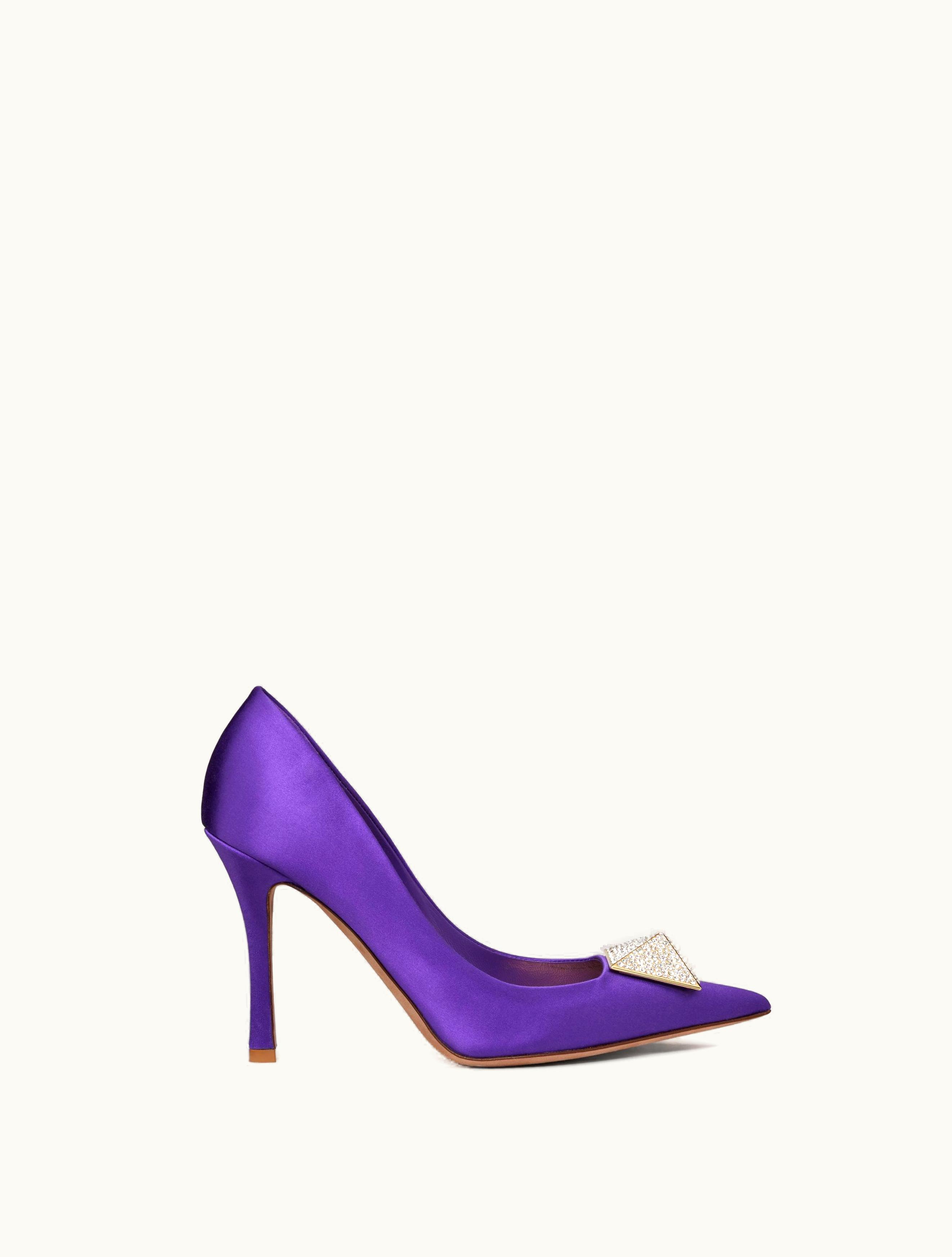 Valentino Valentino One Stud Satin Pump With Stud And Crystals 100mm For Woman In Electric Violet / Crystal