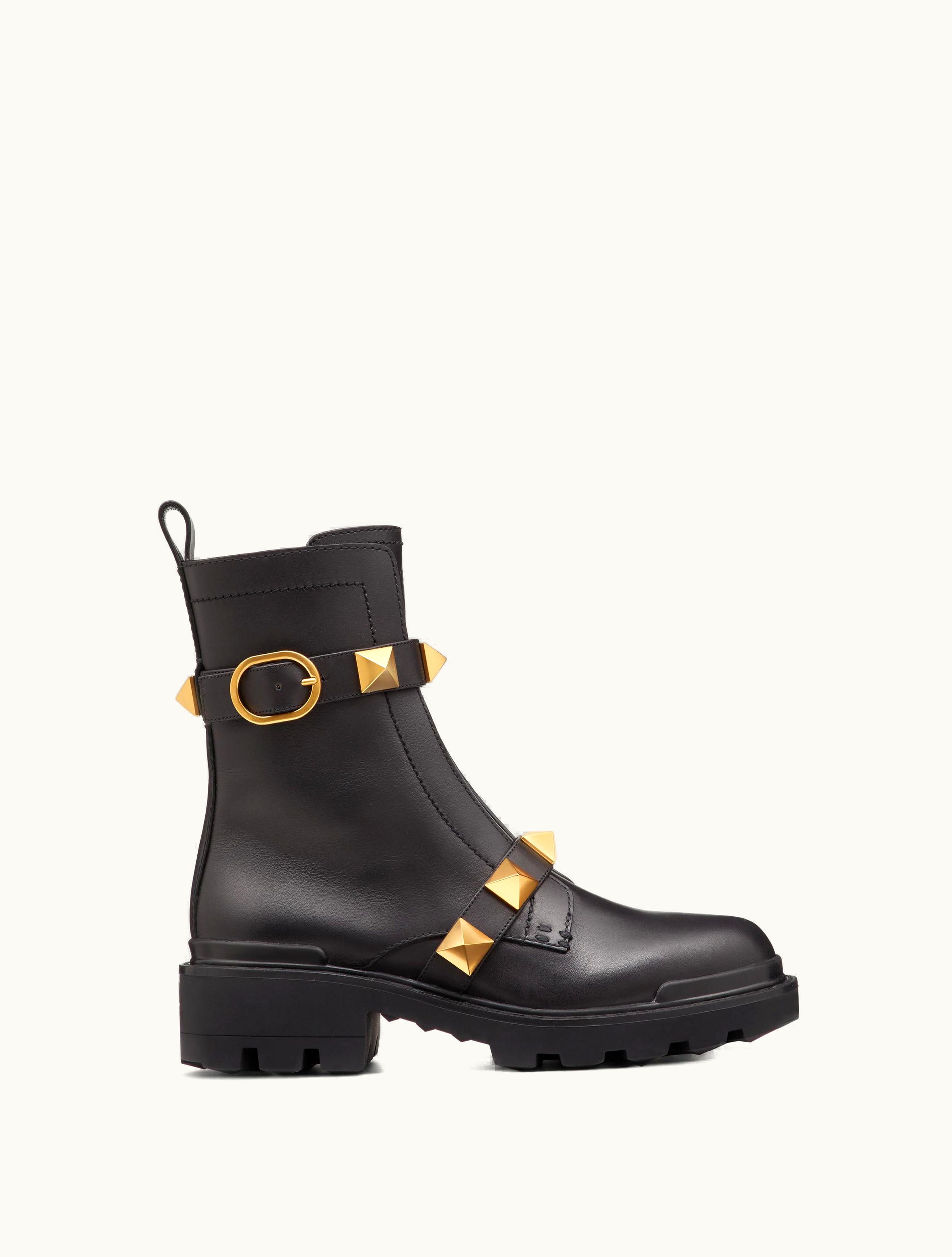 Valentino Valentino Roman Stud Calfskin Combat Boot 40mm For Woman In Black