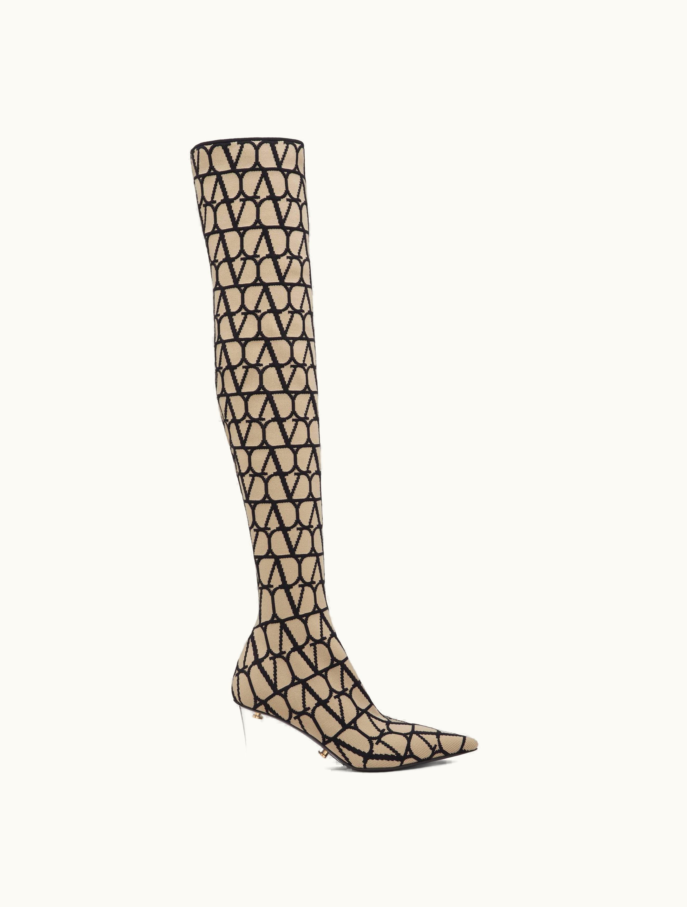 Valentino Valentino Toile Iconographe Stretch Knit Over-the-knee Boot 75mm For Woman In Beige / Black