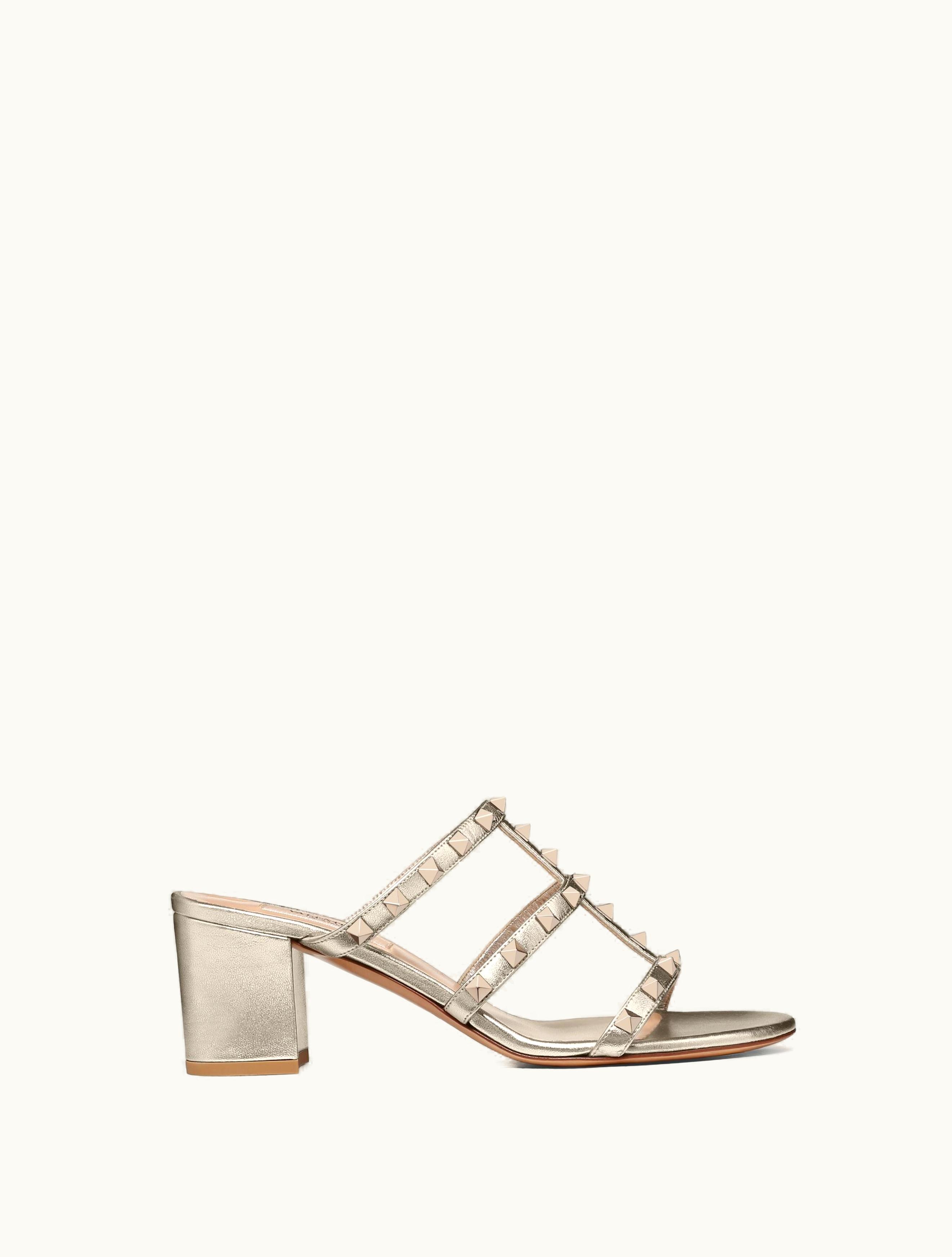 Valentino Valentino Rockstud Metallic Calfskin Leather Slide Sandal 60 MM For Woman In Skin