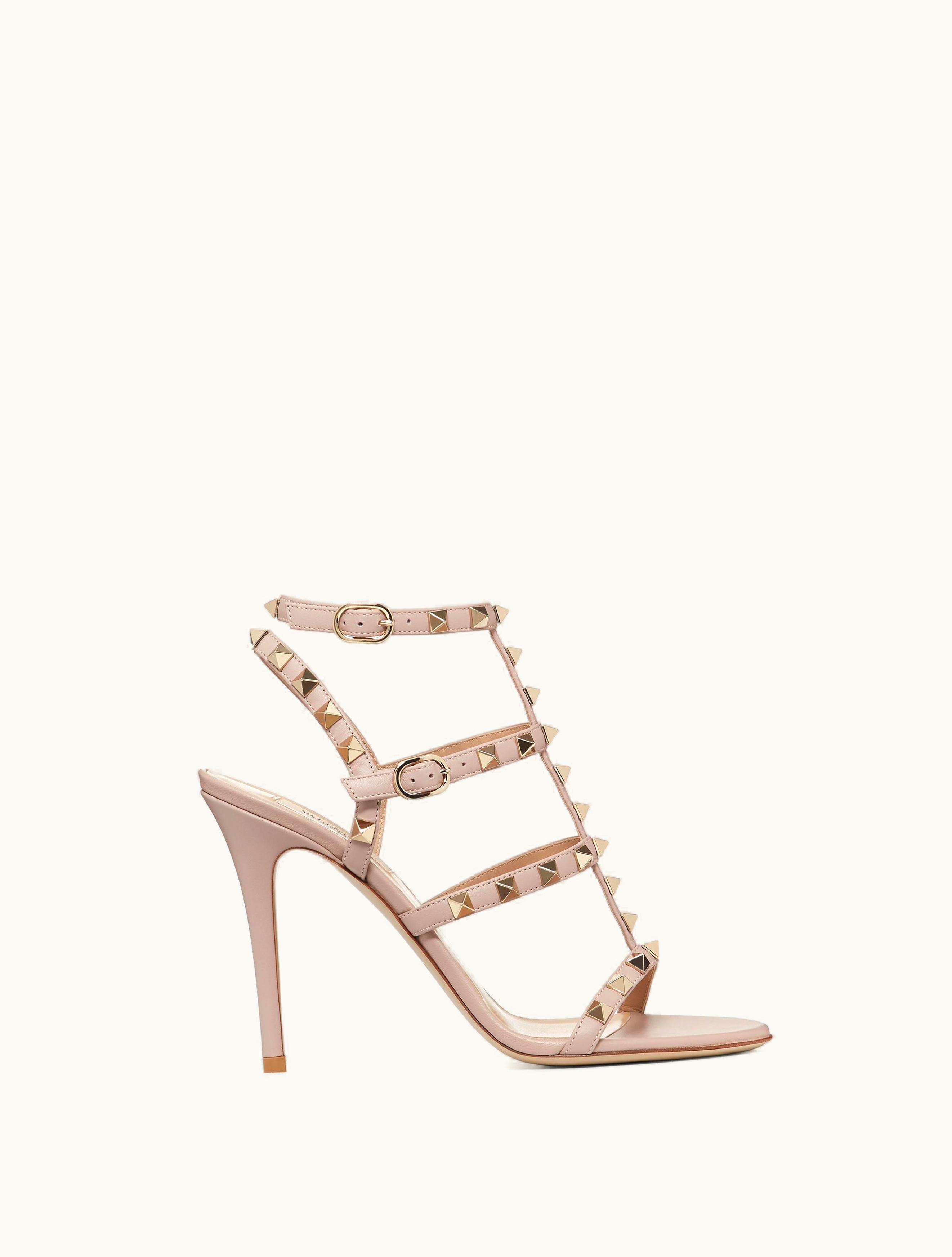 Valentino Valentino Rockstud Calfskin Ankle Strap Sandal 100 MM For Woman In Skin