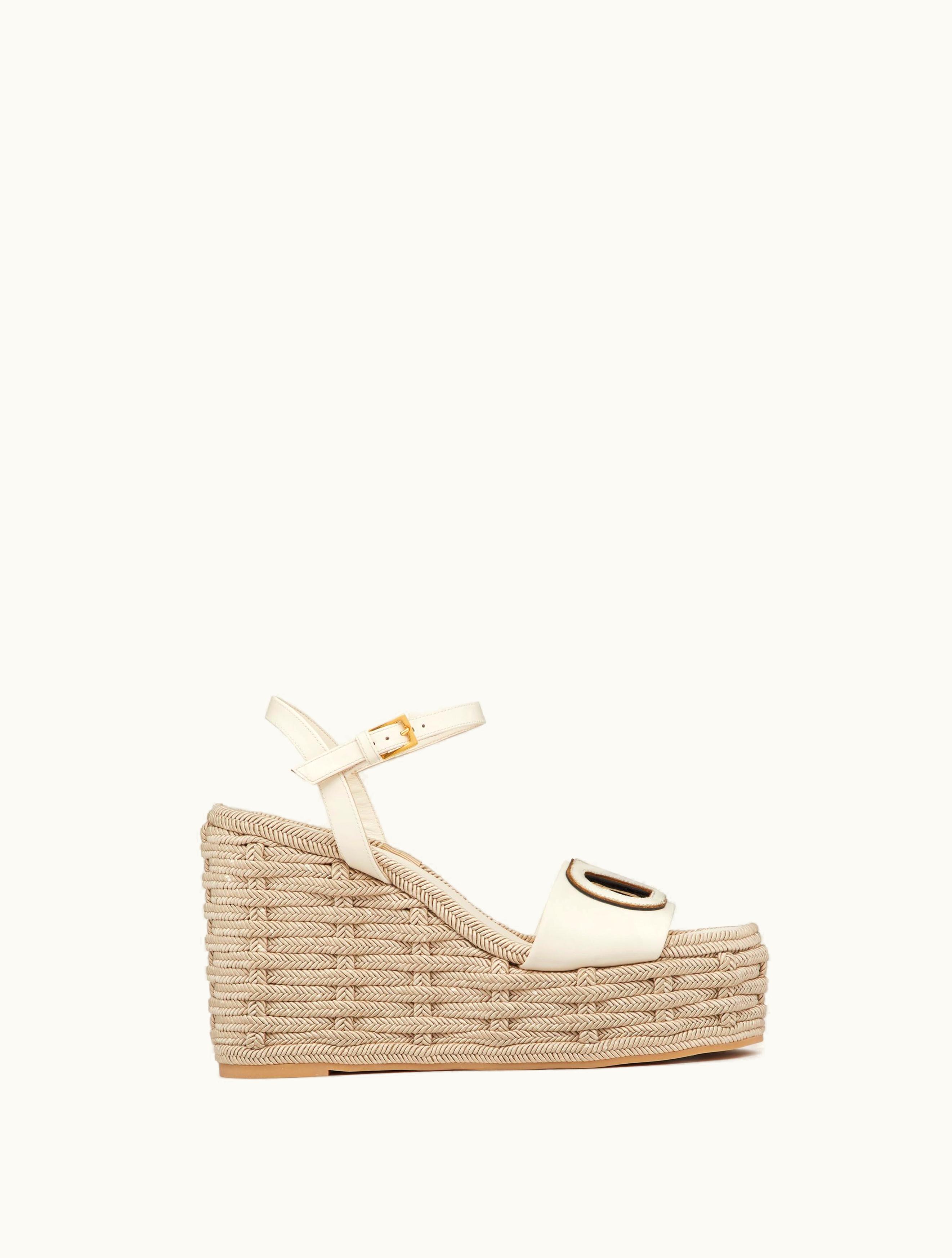 Valentino Valentino Vlogo Calfskin Cut-out Wedge Sandal 110mm For Woman In Ivory / Antique Brass