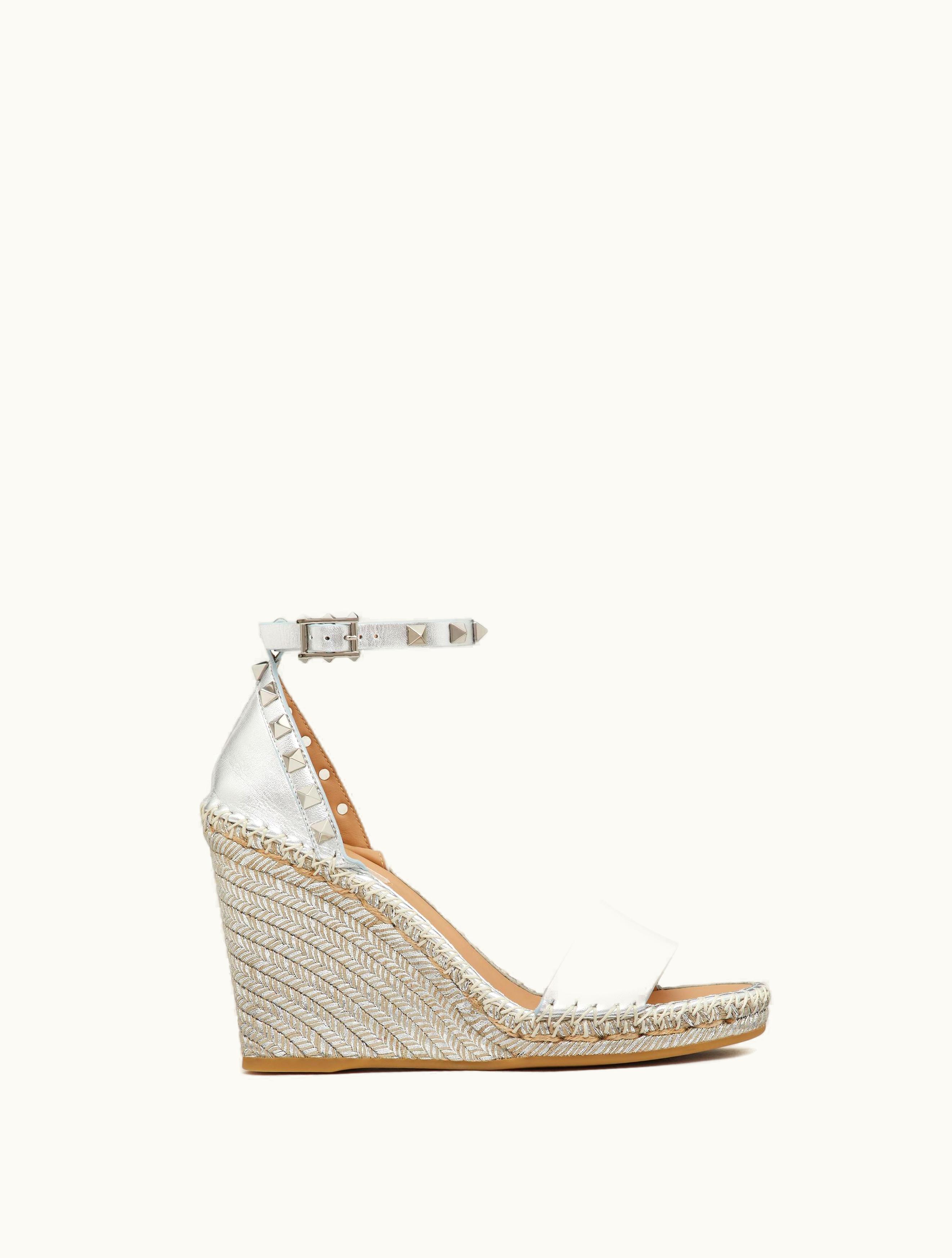 Valentino Valentino Rockstud Double Wedge Sandal In Metallic Nappa Leather 105 MM For Woman In Silver