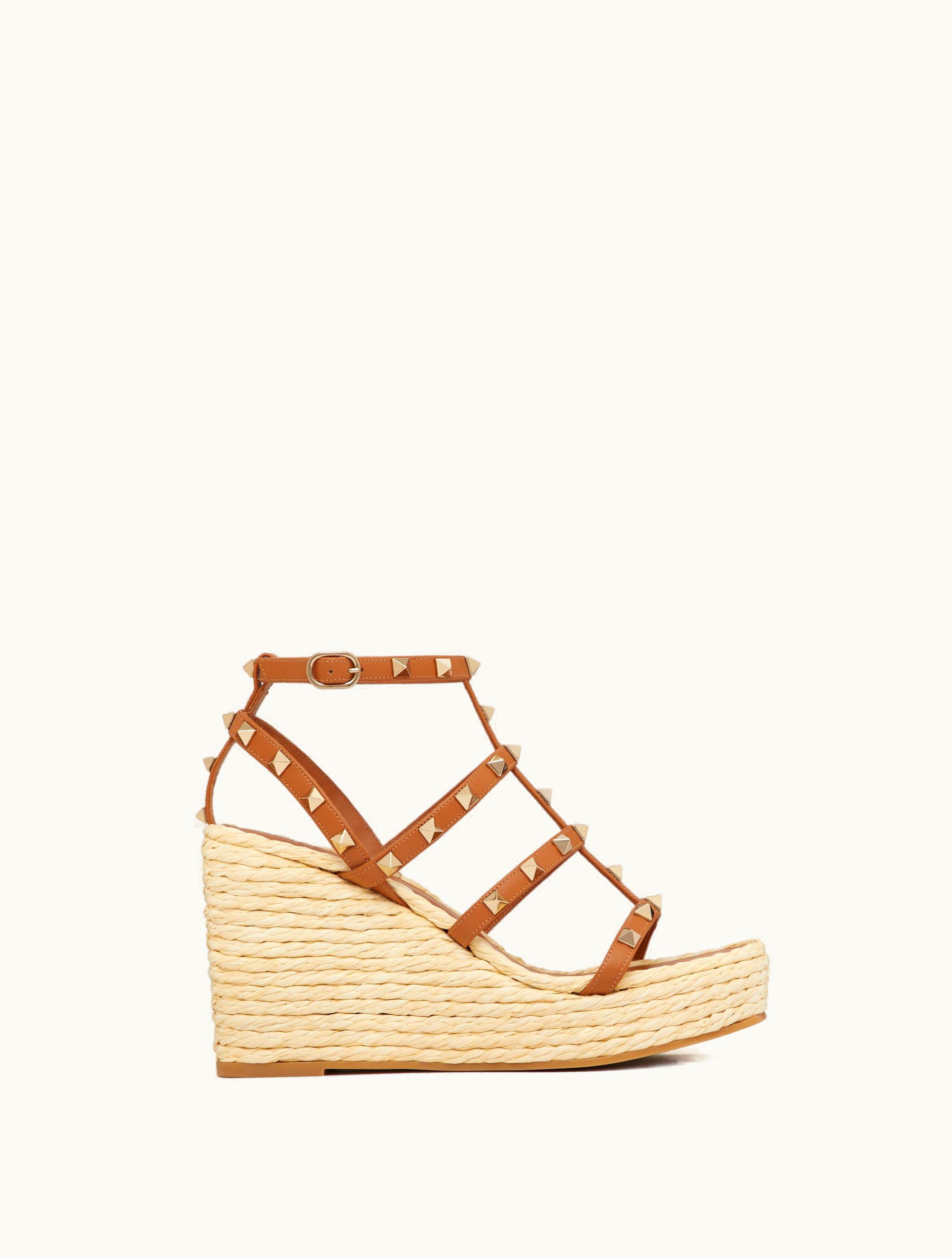 Valentino Valentino Rockstud Wedge Sandal With Calfskin Straps 95mm For Woman In Natural / Almond