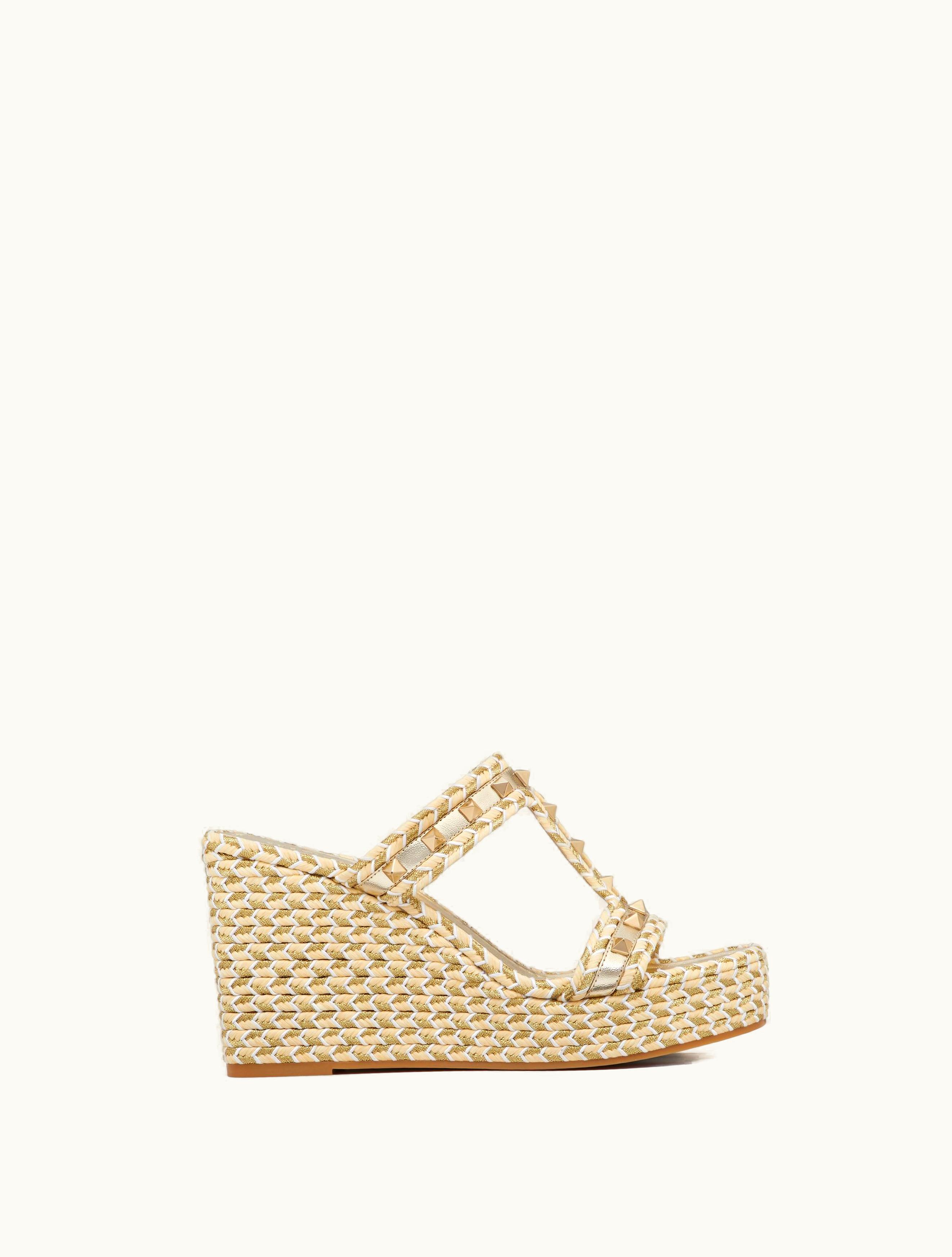 Valentino Valentino Rockstud Laminated Nappa Wedge Sandal 90 MM For Woman In Natural / Ivory / Gold / Platinum