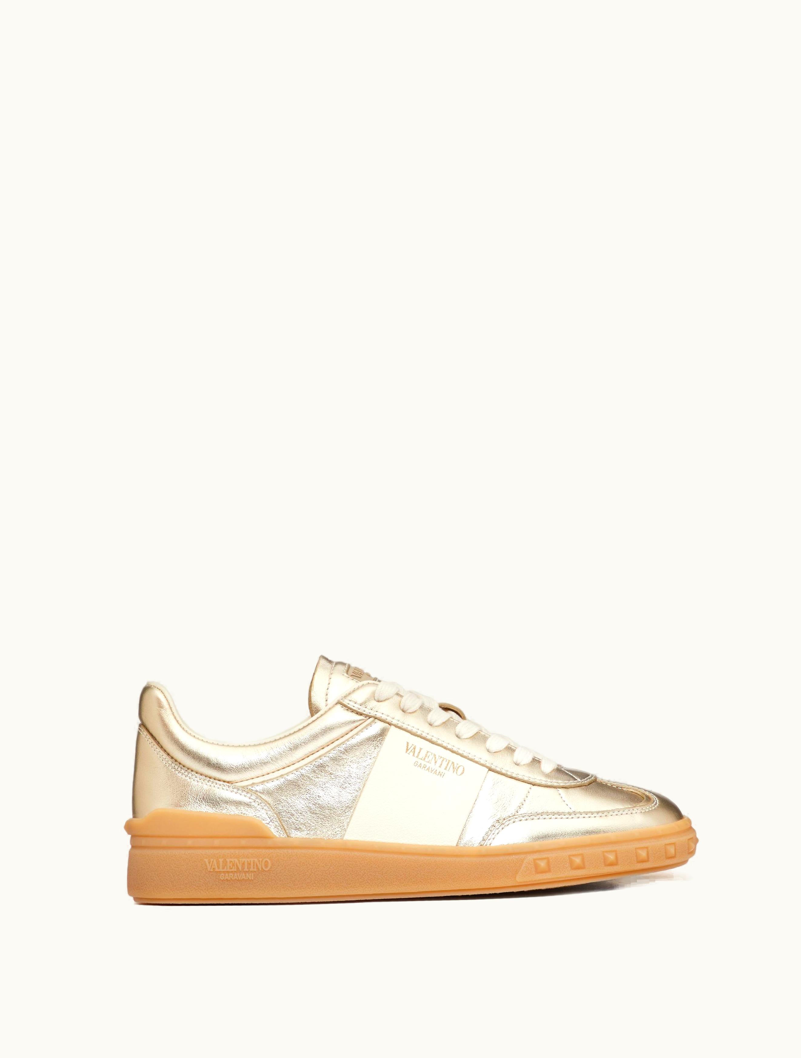 Valentino Valentino Upvillage Trainer In Laminated Calfskin With Nappa Calfskin Leather Band For Woman In Platinum / Ivory / Amber