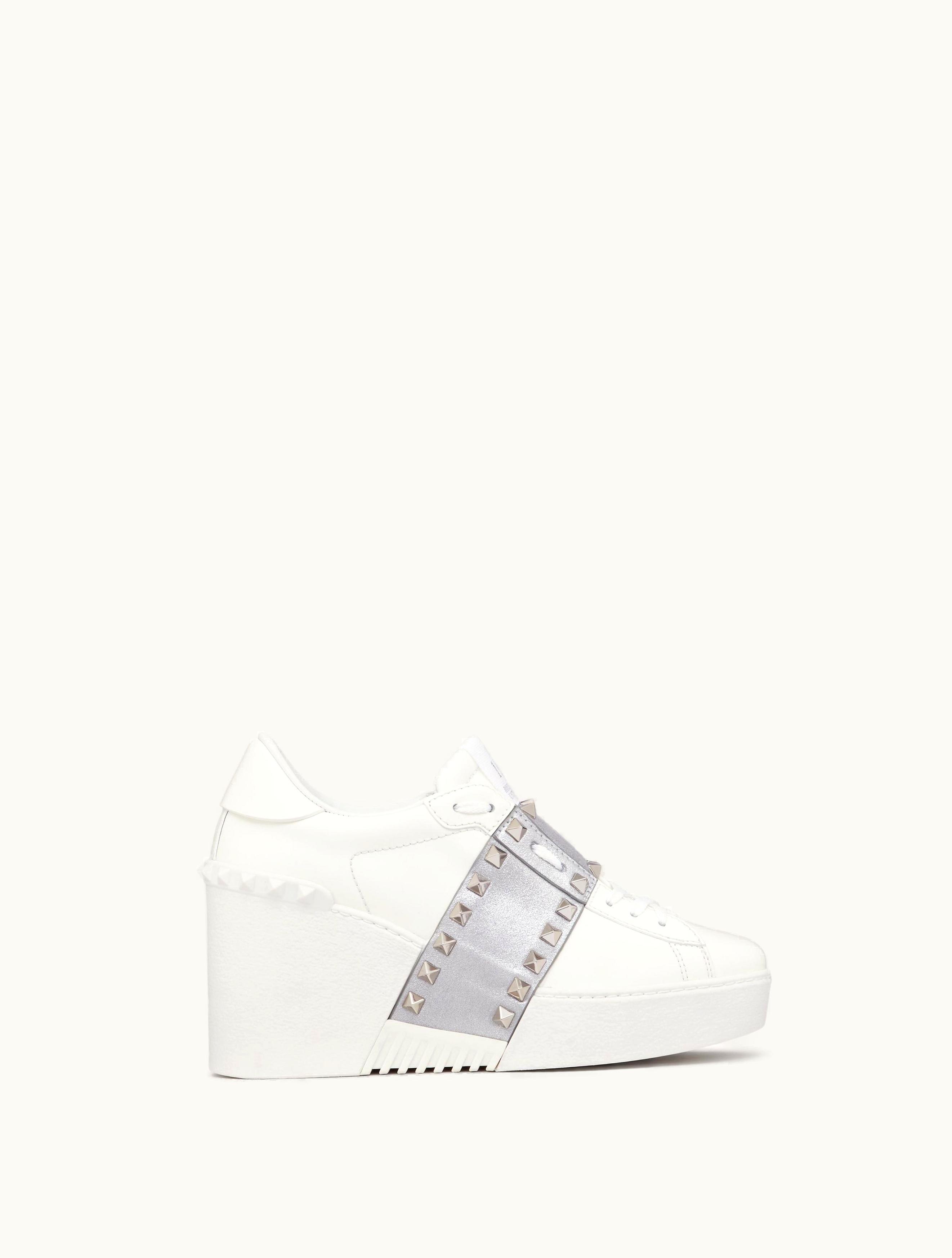 Valentino Valentino Open Disco Wedge Trainer In Calfskin With Metallic Band And Matching Studs 85mm For Woman In White / Silver