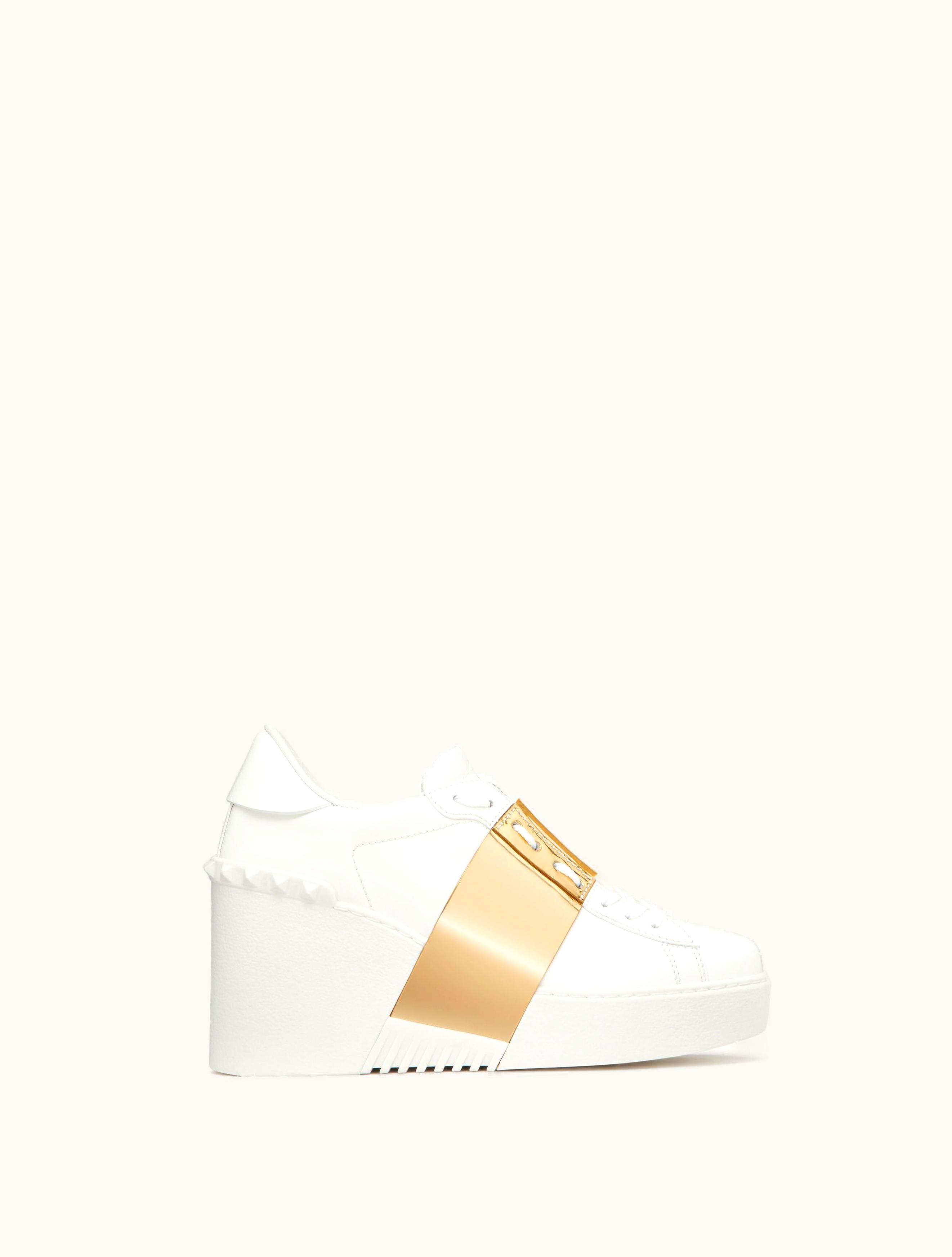 Valentino Valentino Open Disco Wedge Trainer In Calfskin With Metallic Band 85mm For Woman In White / Gold