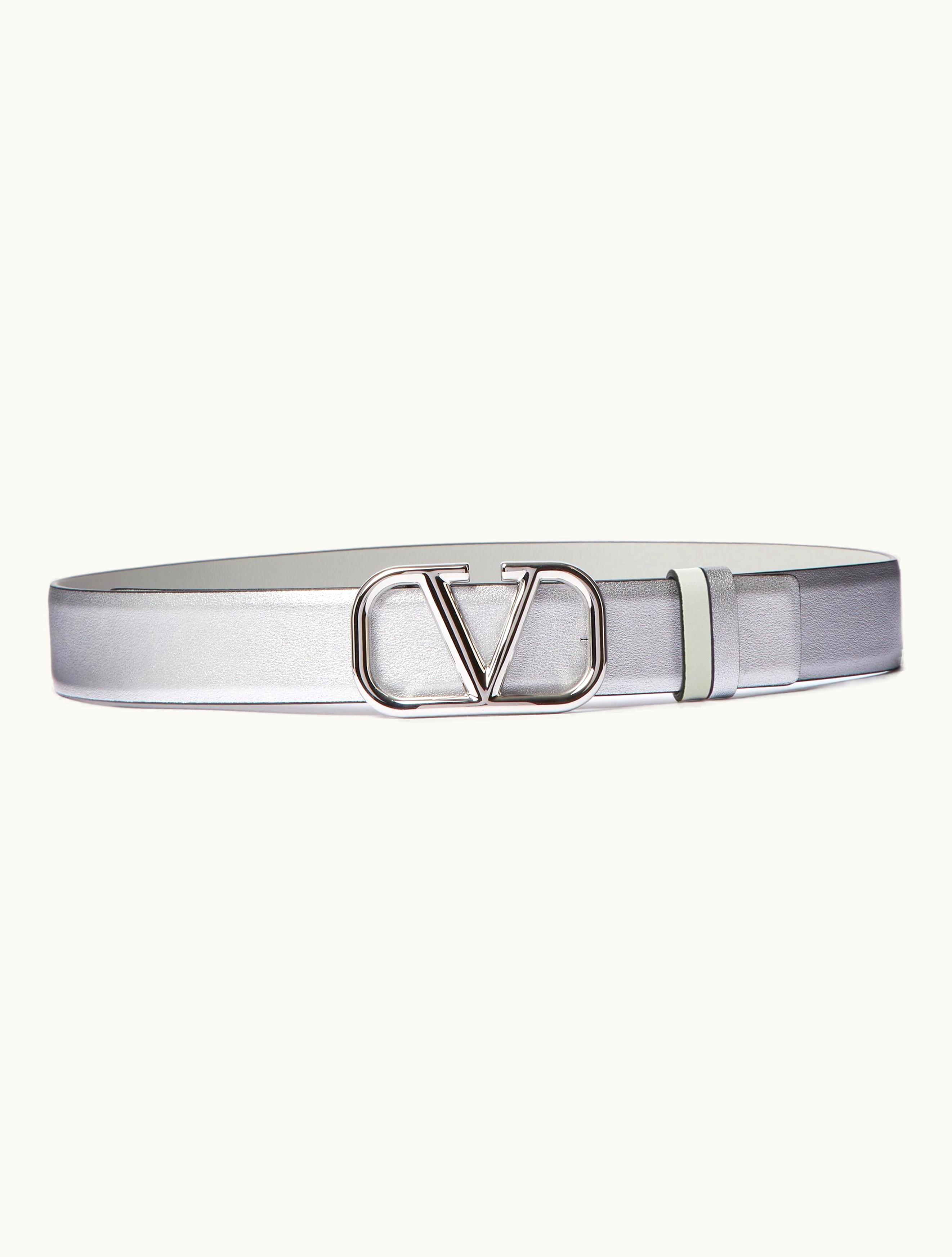 Valentino Valentino Vlogo Signature Reversible Belt In Metallic And Shiny Calfskin 30 MM For Woman In Silver / Grey