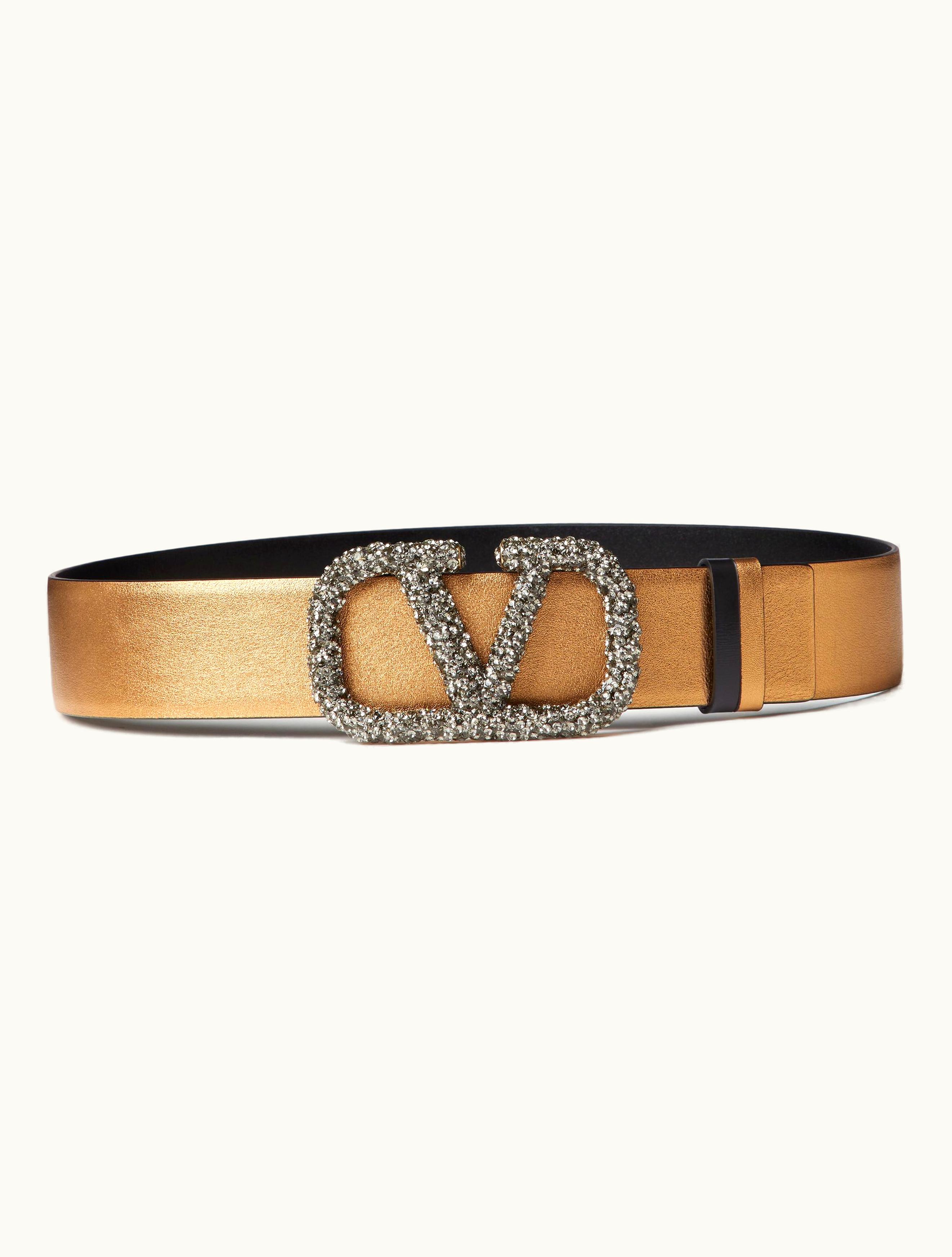 Valentino Valentino Vlogo Signature Reversible Belt In Metallic Shiny Calfskin 40 MM For Woman In Antique Brass Dark / Black