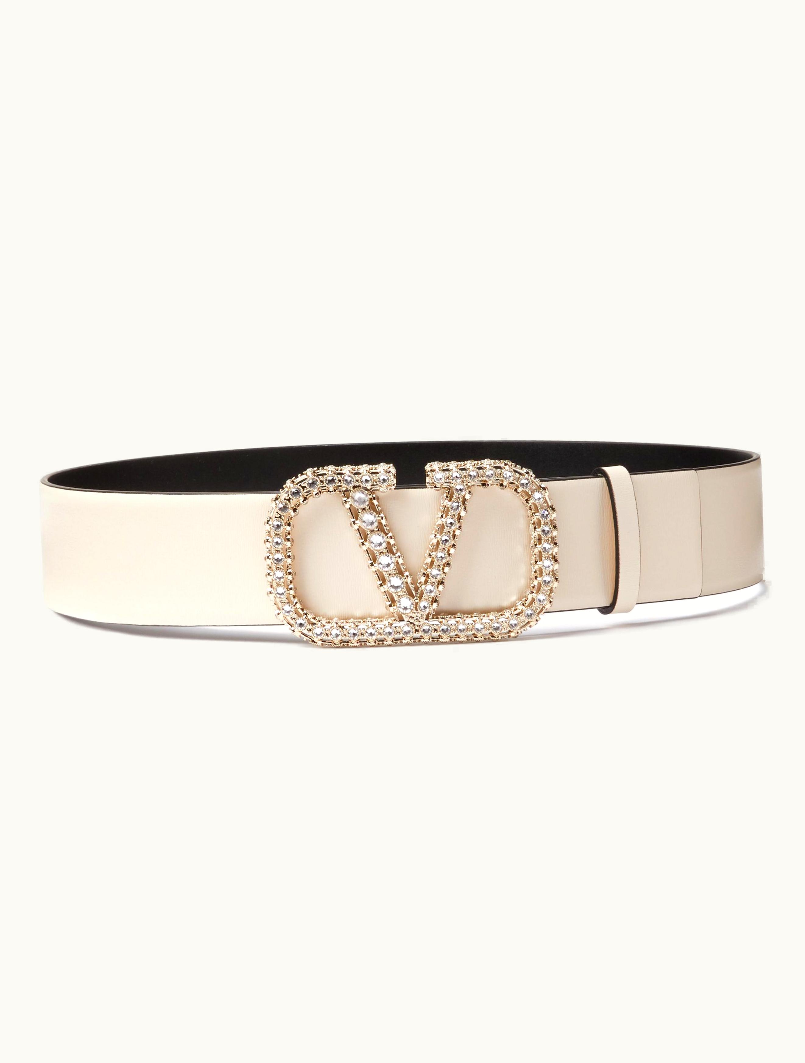 Valentino Valentino Vlogo Signature Reversible Shiny Calfskin Belt 40mm For Woman In Light Ivory / Black