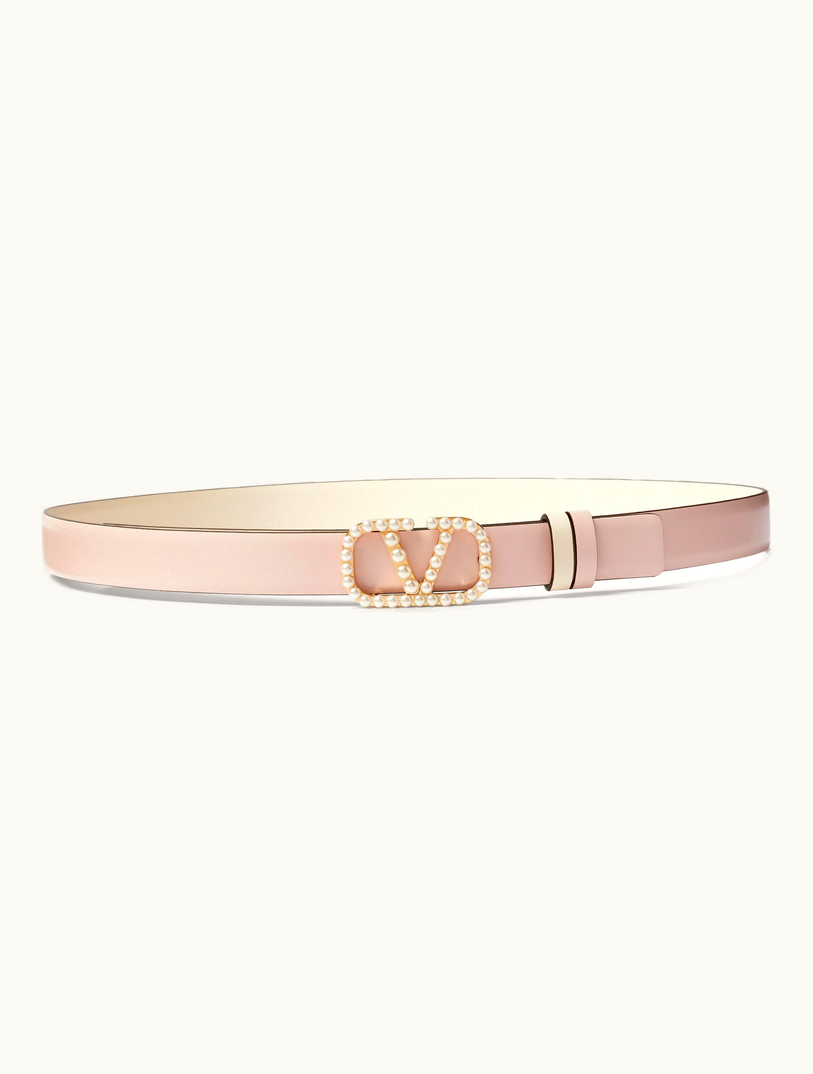 Valentino Valentino Vlogo Signature Reversible Belt In Shiny Calfskin With Pearls 20 MM For Woman In Rose Quartz