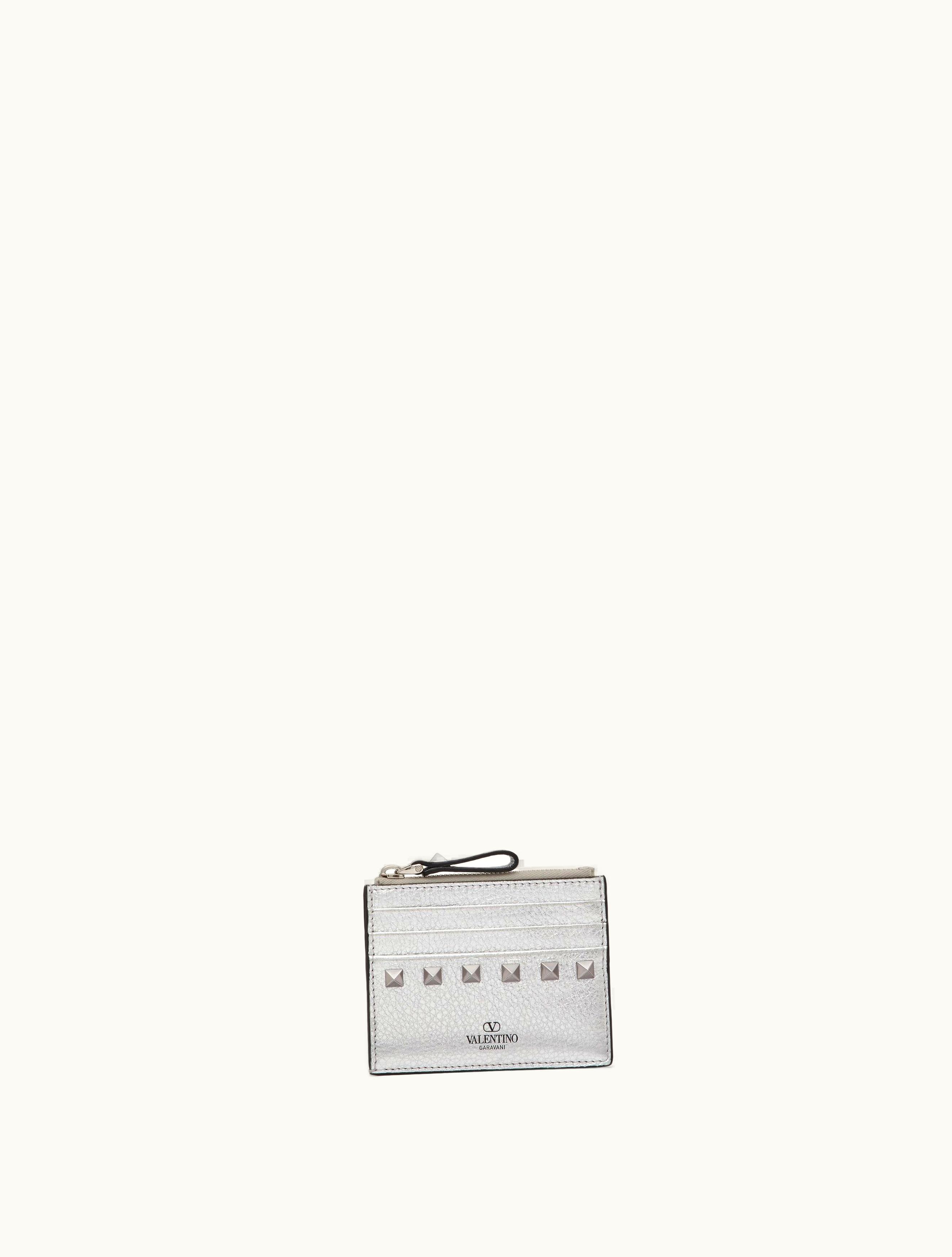 Valentino Valentino Rockstud Grainy Metallic Calfskin Card Holder With Zip For Woman In Silver