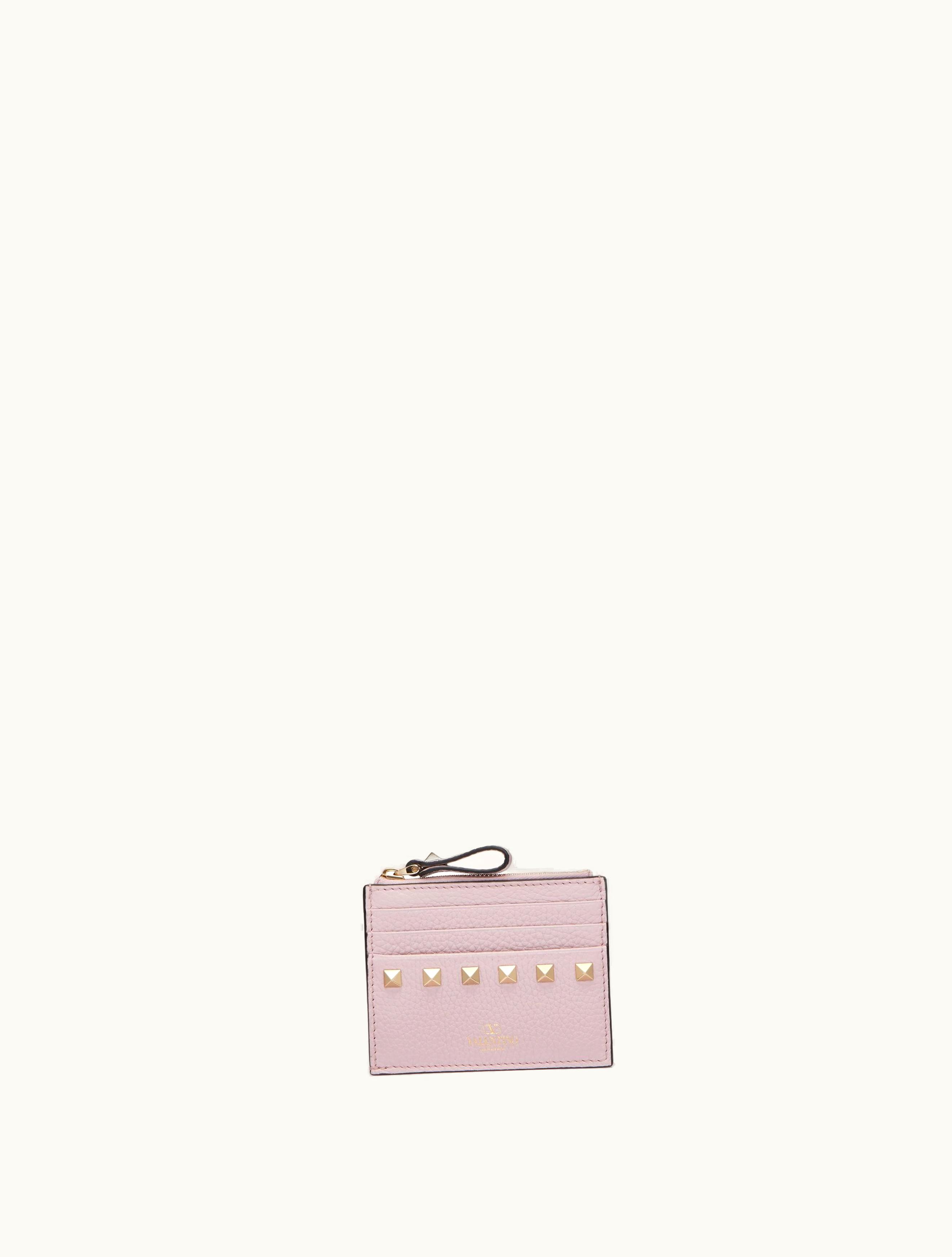 Valentino Valentino Rockstud Grainy Calfskin Cardholder With Zip For Woman In Water Lilac