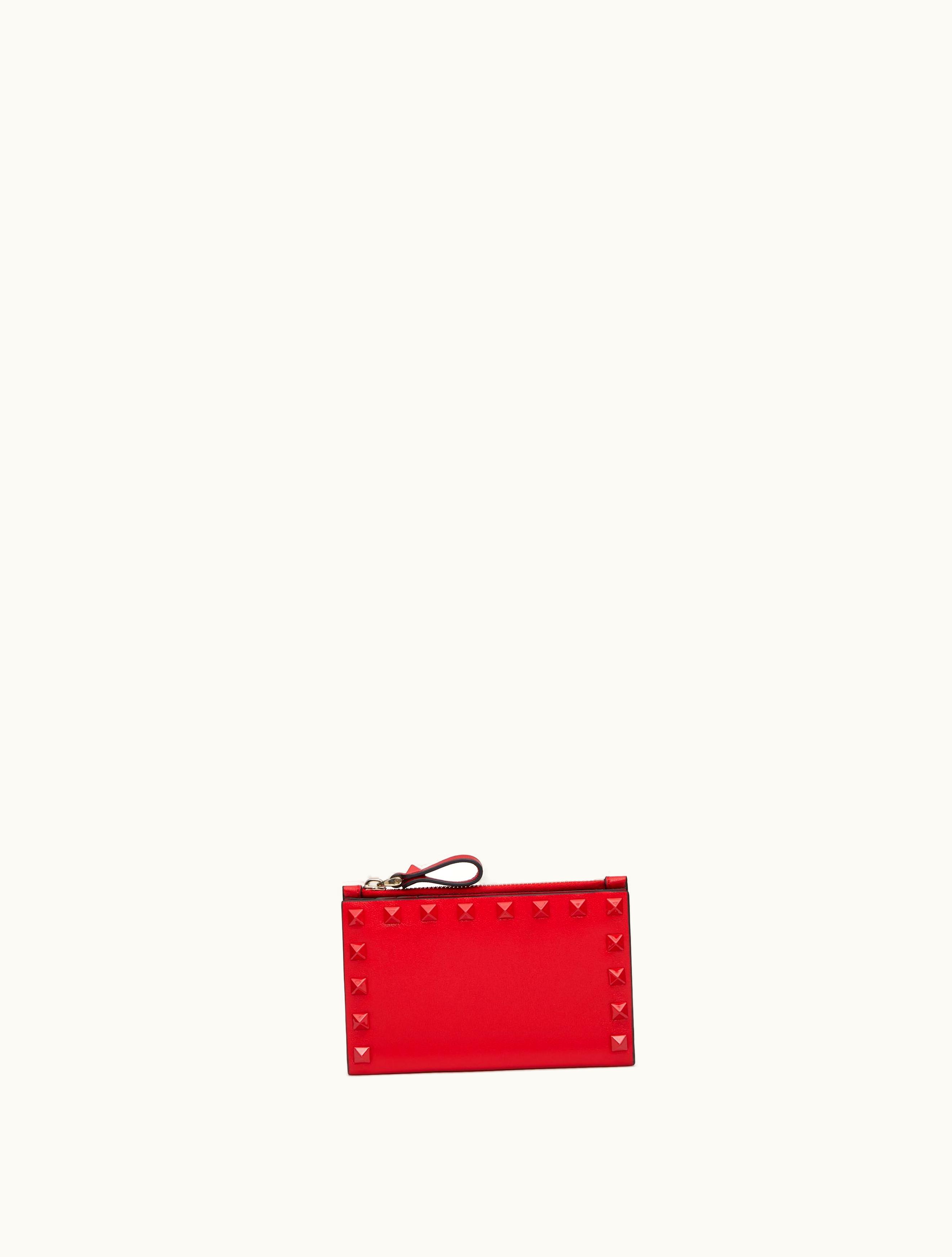 Valentino Valentino Rockstud Calfskin Cardholder With Zip For Woman In Rouge Pur ROUGE PUR