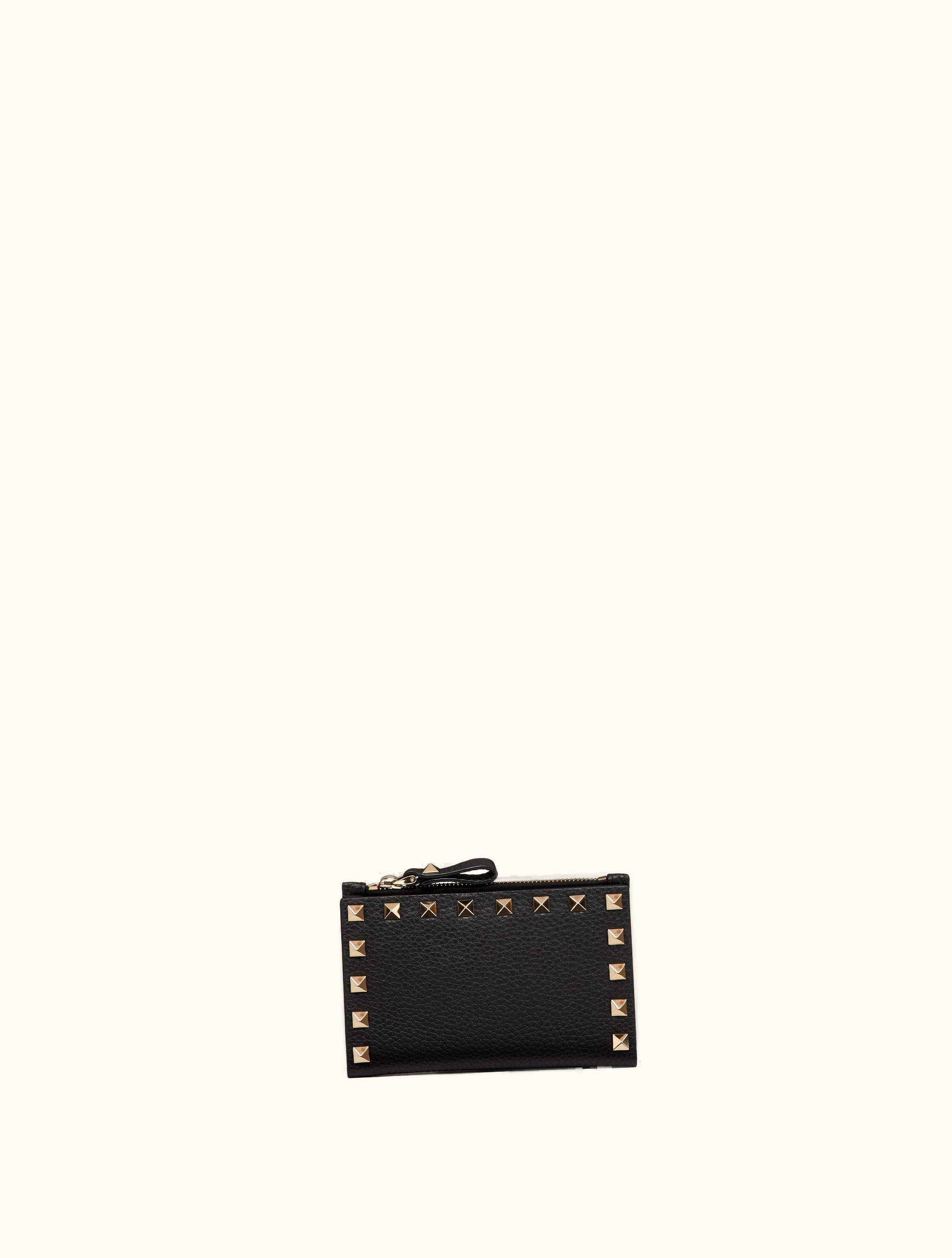 Valentino Valentino Rockstud Grainy Calfskin Cardholder With Zip For Woman In Black