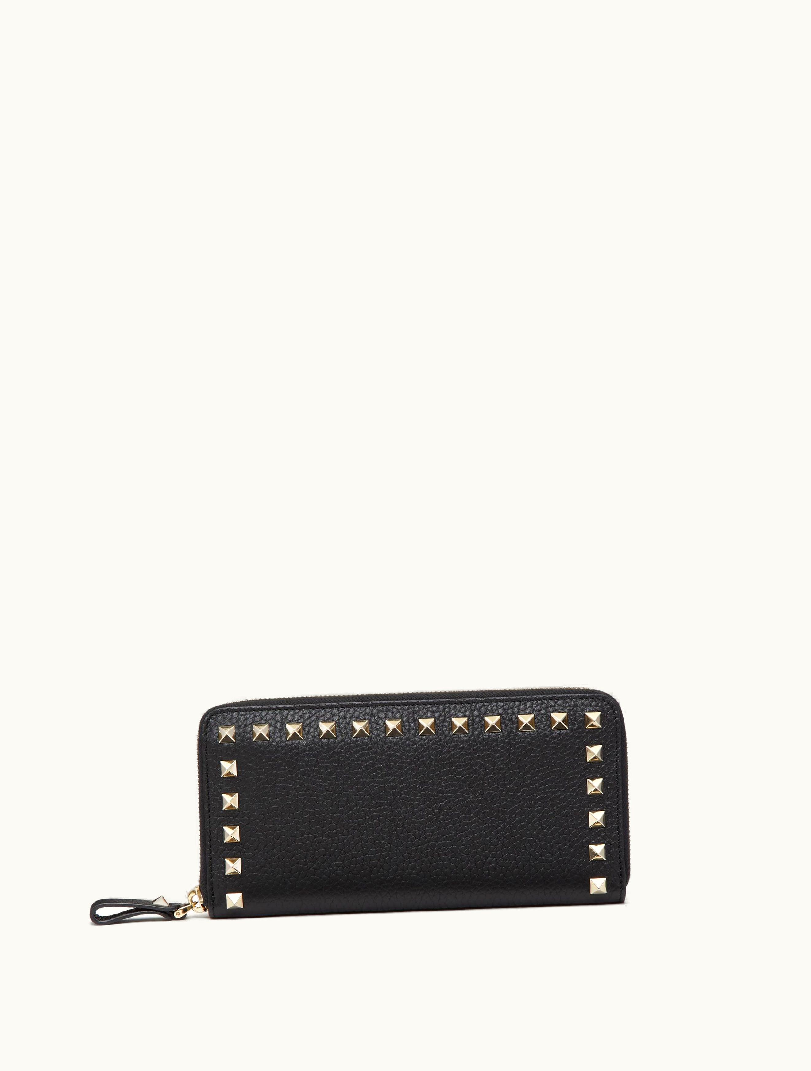 Valentino Valentino Rockstud Grainy Calfskin Zipped Wallet For Woman In Black