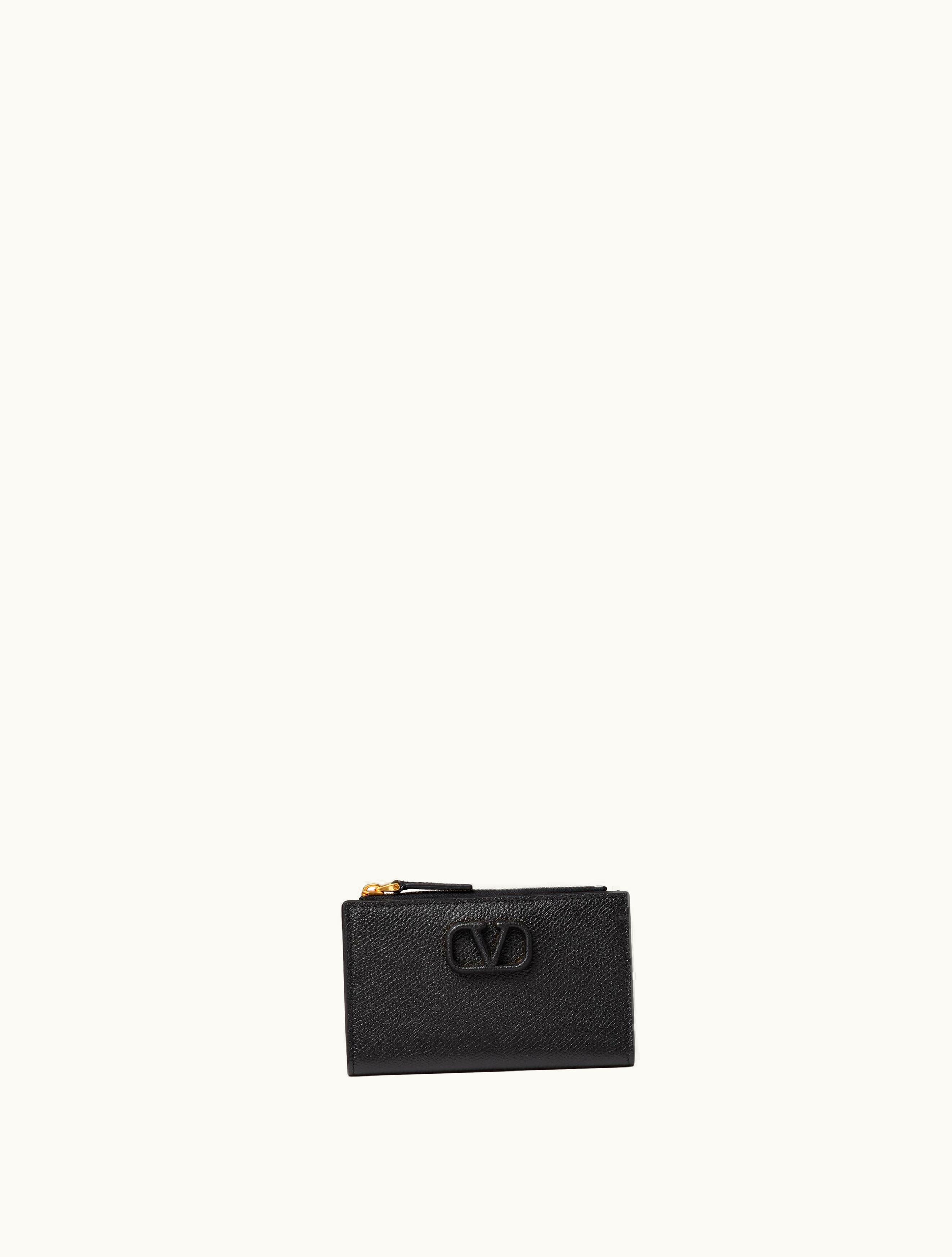 Valentino Valentino Vlogo Signature Grainy Calfskin Cardholder Wth Zip For Woman In Black