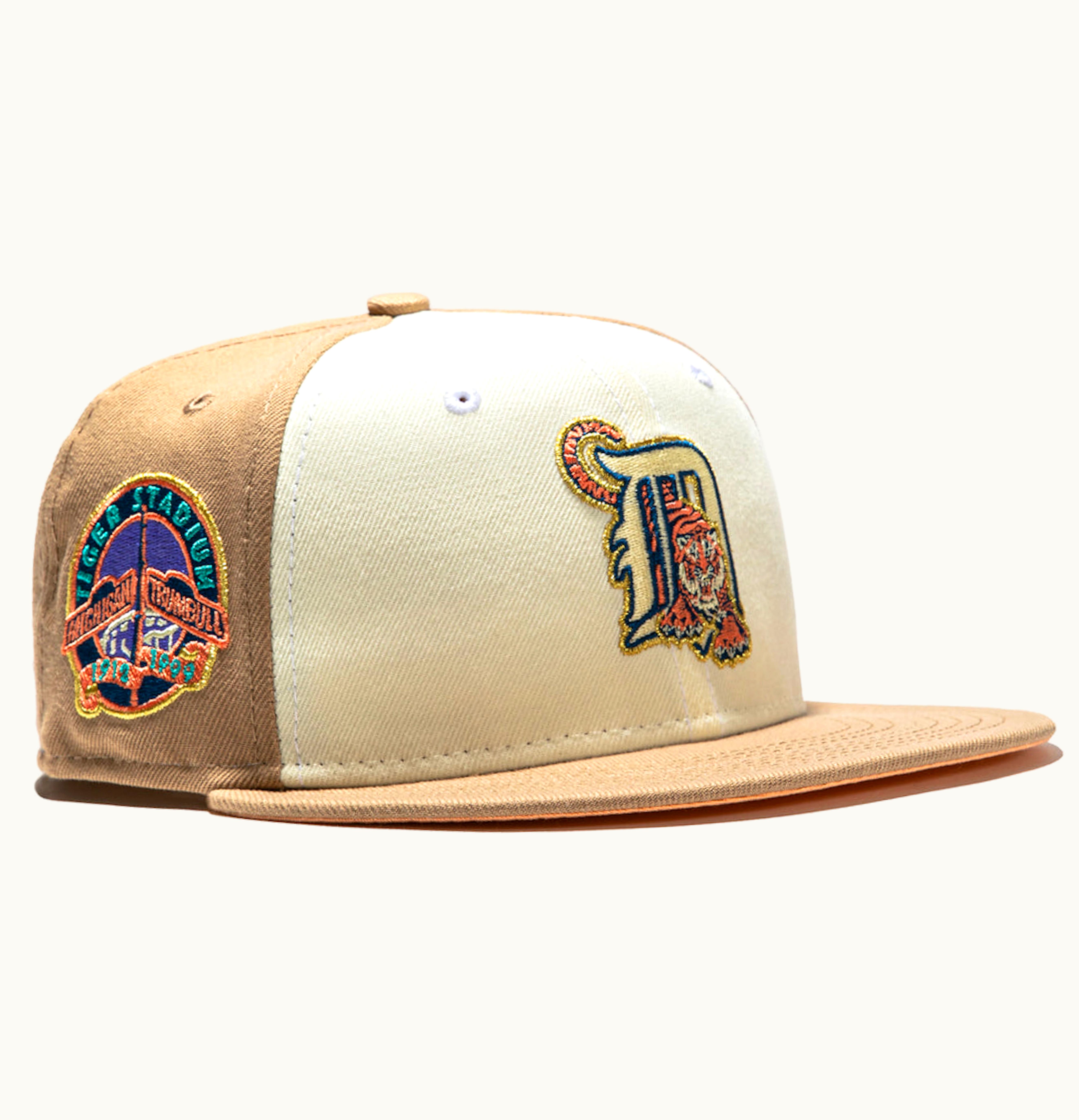 New Era New Era Detroit Tigers Sugar Shack 20 Stadium Patch Alternate Rail Hat Club Exclusive 59Fifty Fitted Hat White Tan Peach