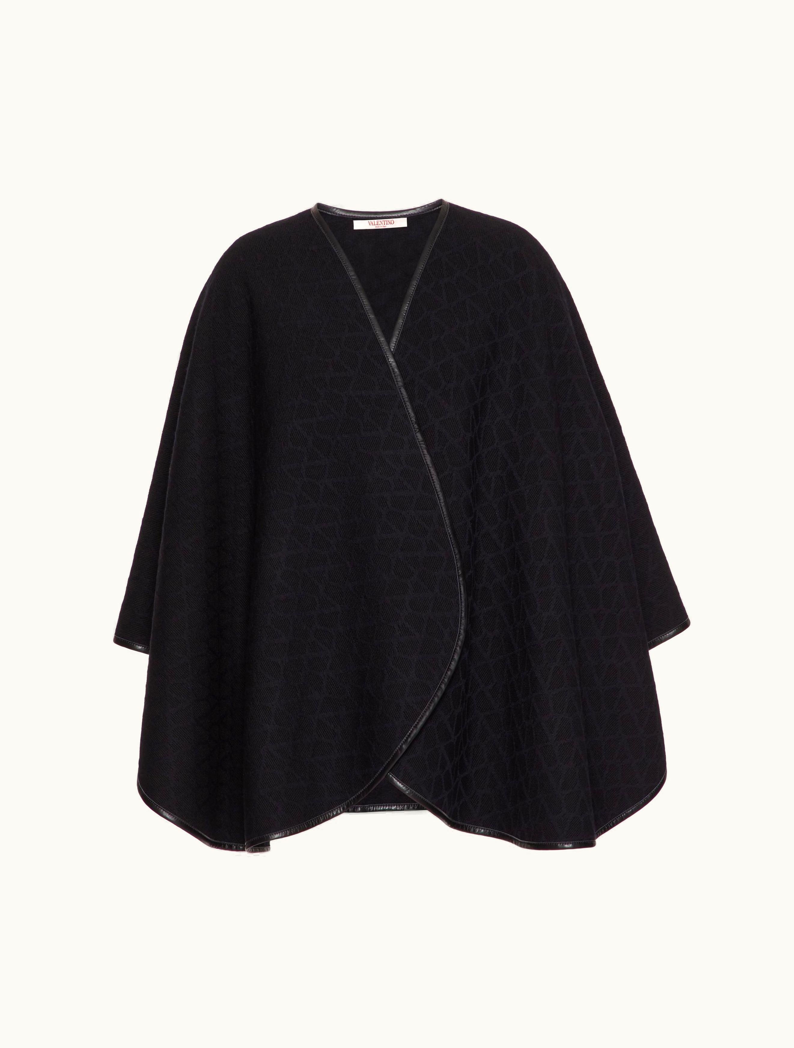 Valentino Valentino Toile Iconographe Wool Poncho With Leather Trim For Woman In Black