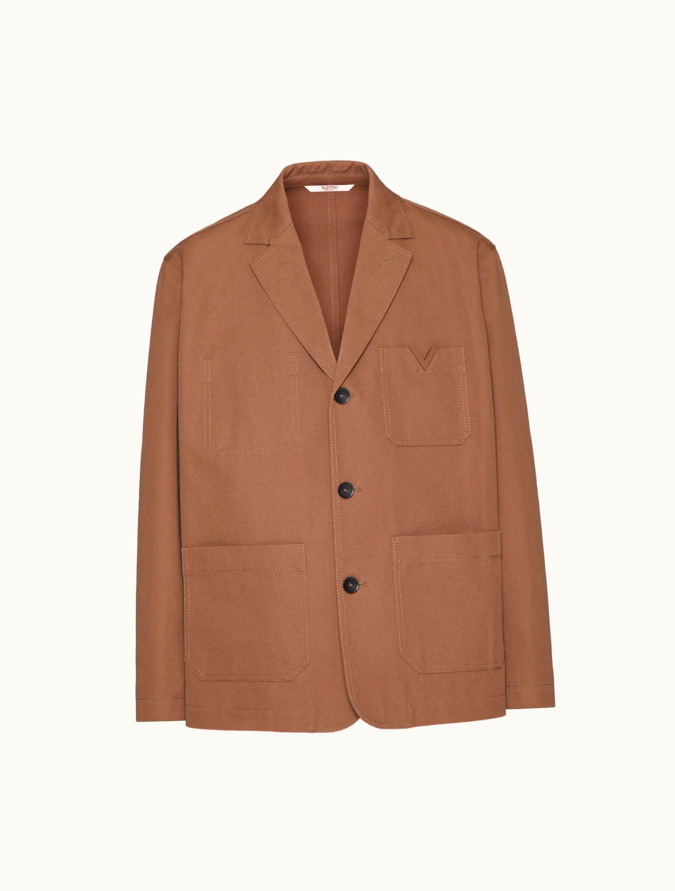 Valentino Valentino Single-breasted Stretch Cotton Canvas Jacket With Rubberised V Detail For Man In Clay