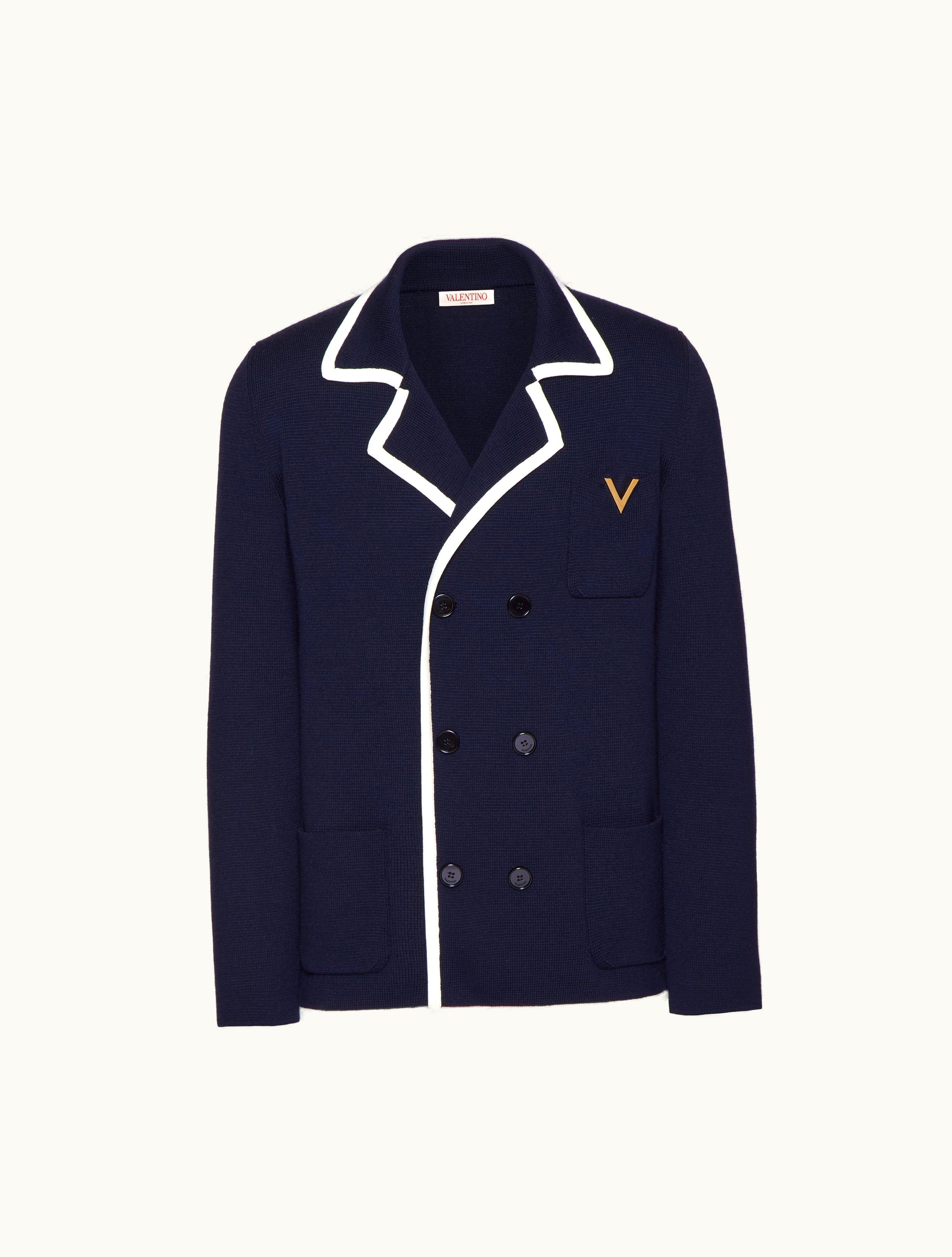 Valentino Valentino Double-breasted Wool Jacket With Metallic V Detail For Man In Navy / Ivory
