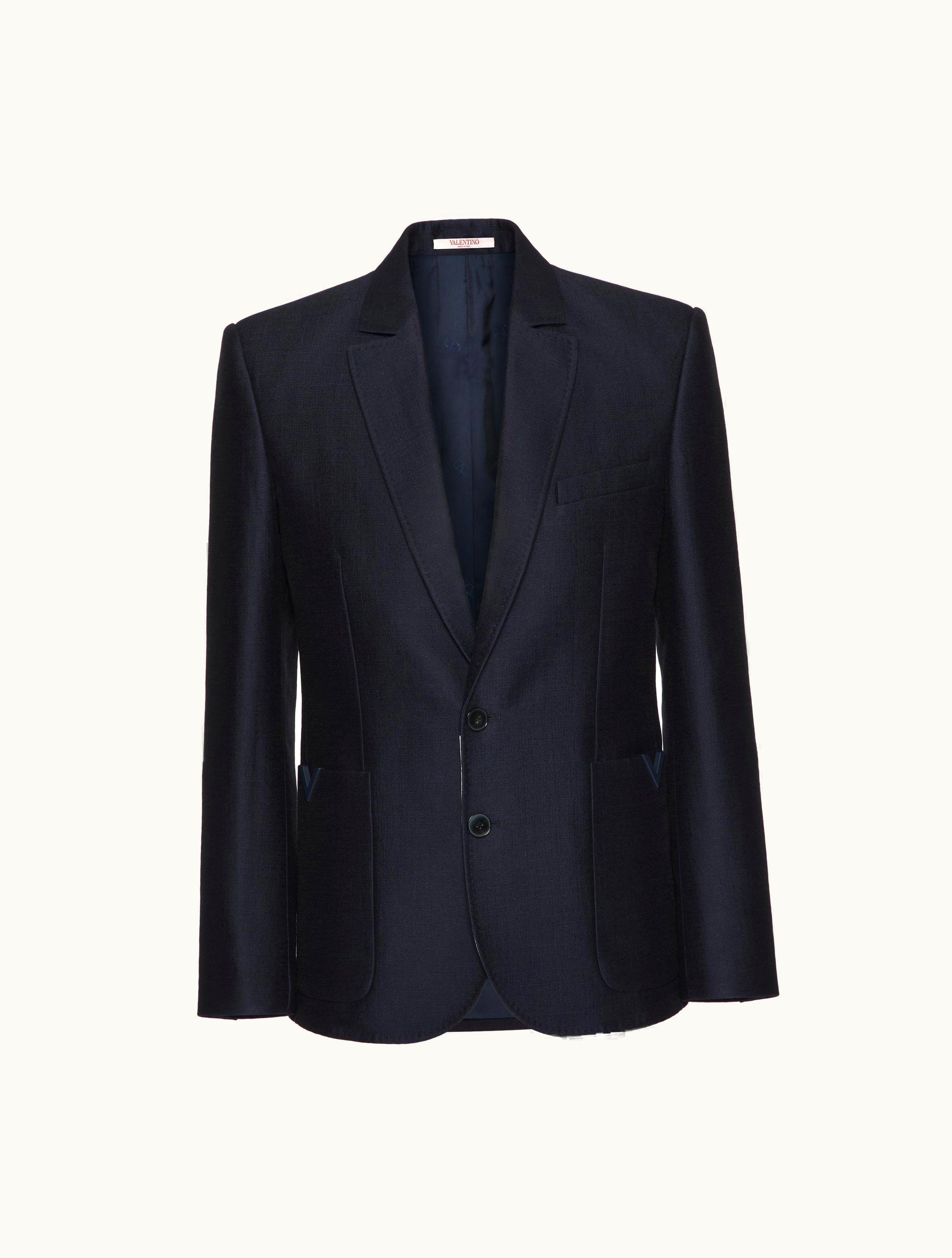 Valentino Valentino Wool And Silk Single-breasted Jacket With Rubberised V Detail For Man In Navy