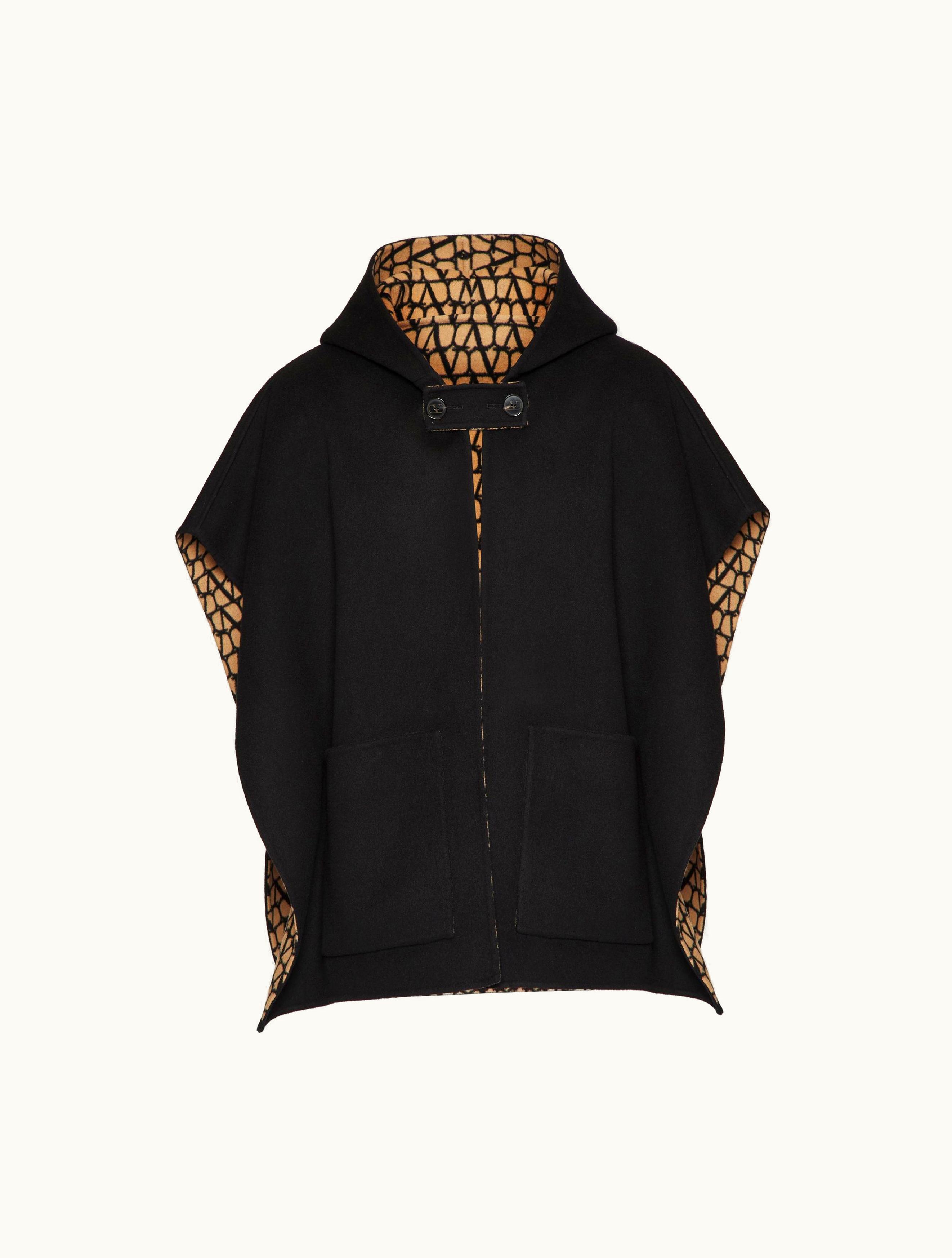 Valentino Valentino Reversible Double-faced Wool Cape With Hood And Toile Iconographe Pattern For Man In Black